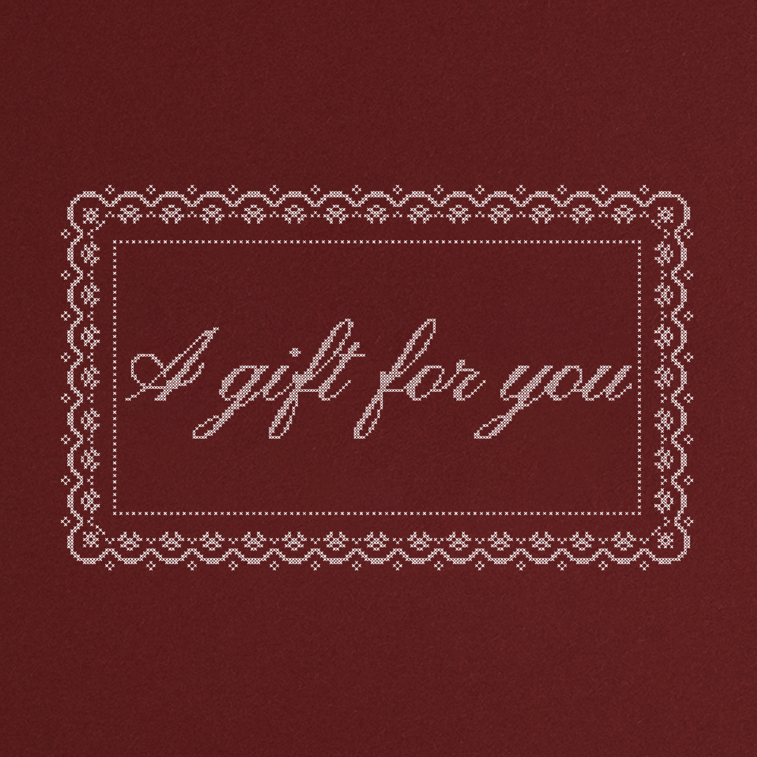 Gift Card: A pixel-art style greeting card with A gift for you in cursive, symbolizing Pilgrim's virtual gift card offering.