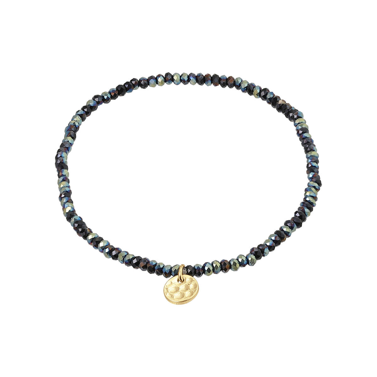 INDIE bracelet in dark grey with faceted glass beads and a subtle gold-plated Pilgrim logo charm, strung on durable Lycra elastic for versatile wear.