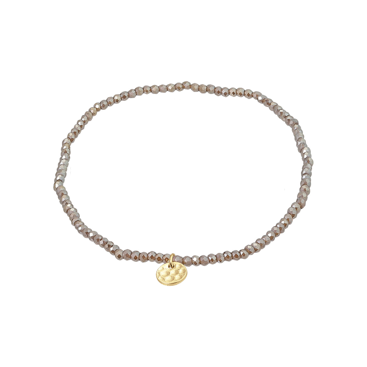 INDIE bracelet grey, gold-plated, featuring small faceted glass beads and a discreet gold disc, strung on durable elastic, perfect for a personalized, trendy look.