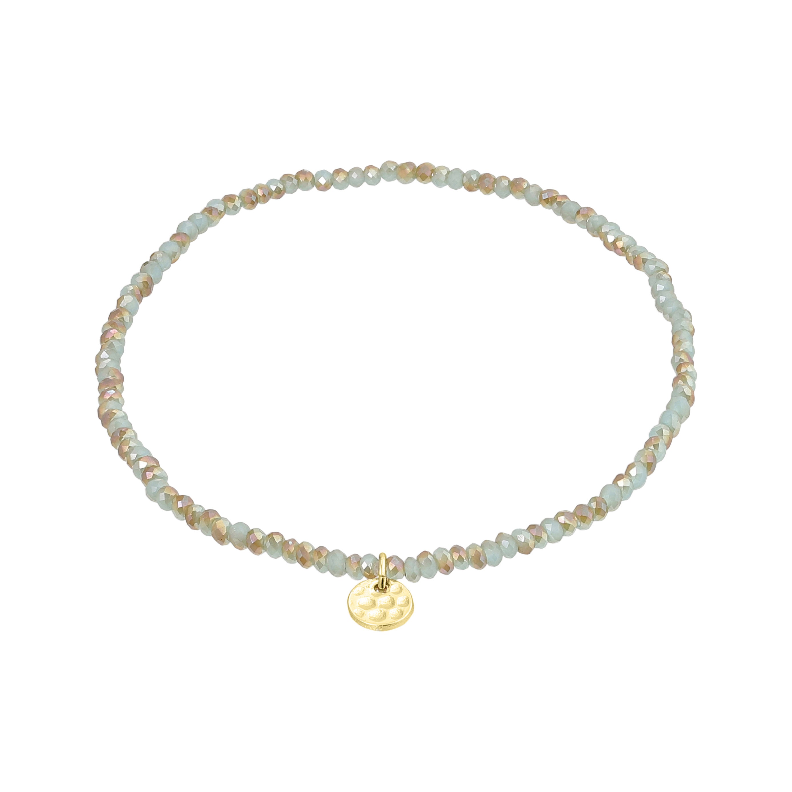 INDIE bracelet blue, gold-plated, featuring faceted teal glass beads and a discreet Pilgrim logo, strung on durable Lycra elastic, fitting most wrists.