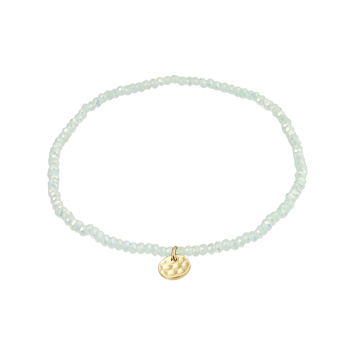 INDIE bracelet featuring gold-plated charm and mint glass beads, designed for versatile style on durable Lycra elastic. Perfect for layering with similar styles.