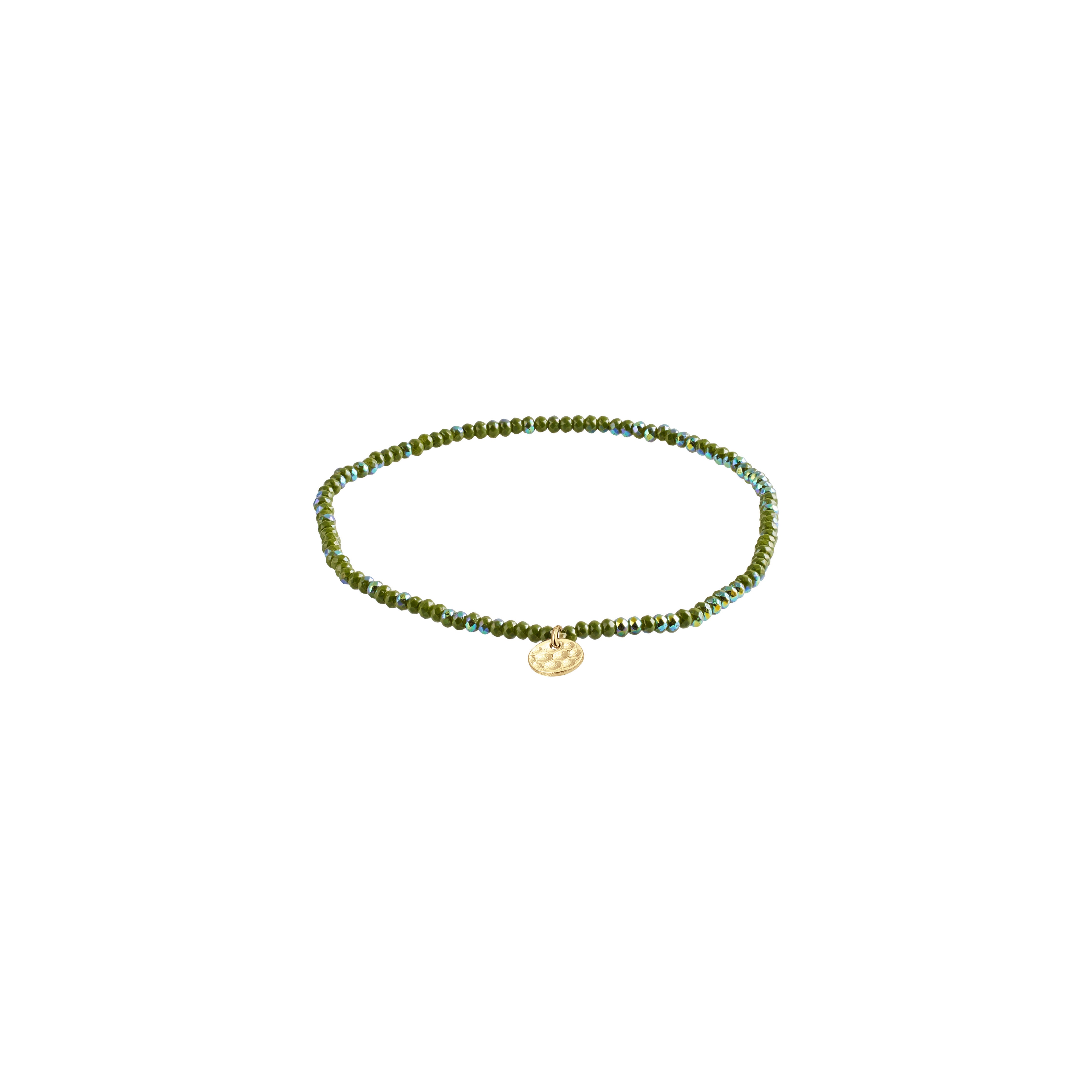 INDIE bracelet featuring faceted green beads and a subtle gold-plated charm, crafted on durable elastic. Perfect for layering and personal style expression.