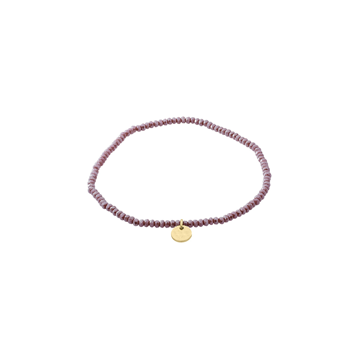 INDIE bracelet purple with gold-plated Pilgrim logo, featuring small faceted glass beads strung on durable Lycra, fits most wrists at 17 cm.