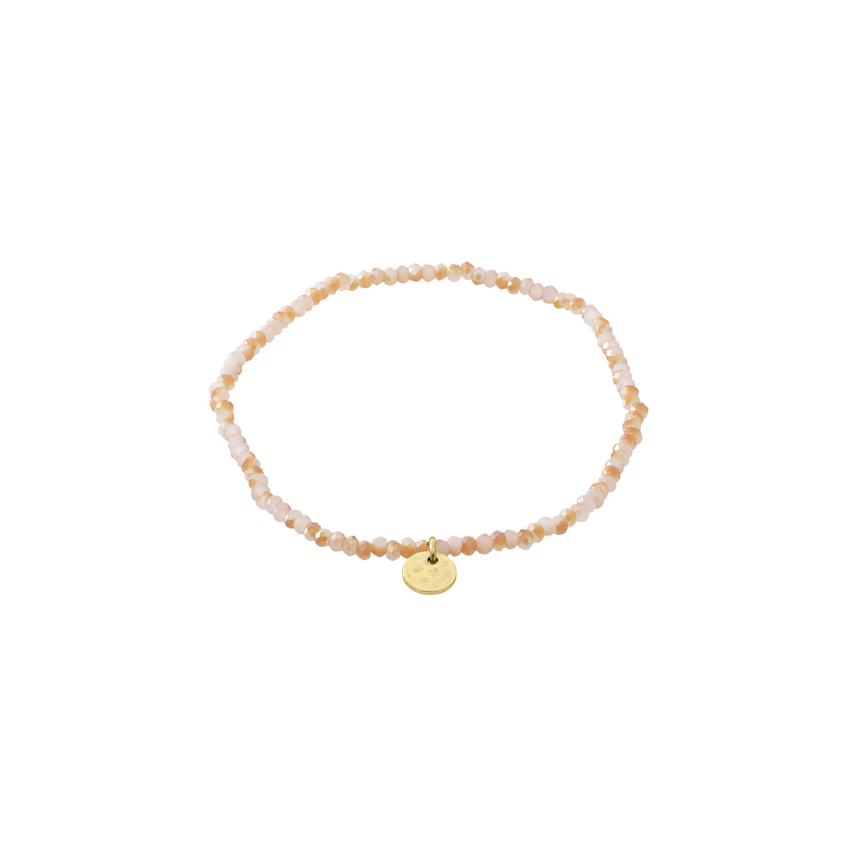 INDIE bracelet rose, gold-plated, featuring faceted light rose beads and a discreet gold disc charm, crafted with durable Lycra elastic for a comfortable fit.