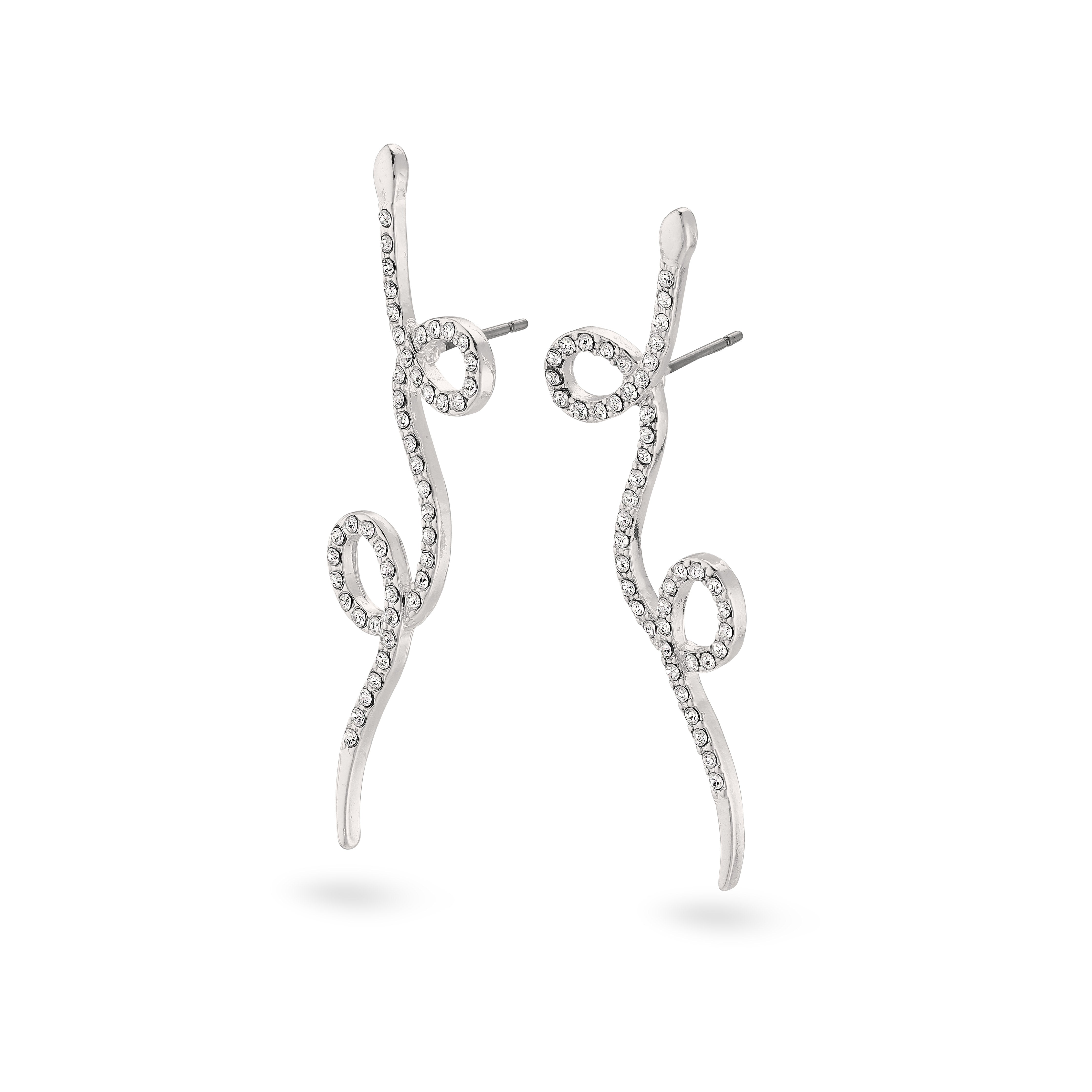 EBBA crystal snake earrings, silver-plated, featuring spiral design with sparkling crystals, exuding charismatic glamour and mythological inspiration.
