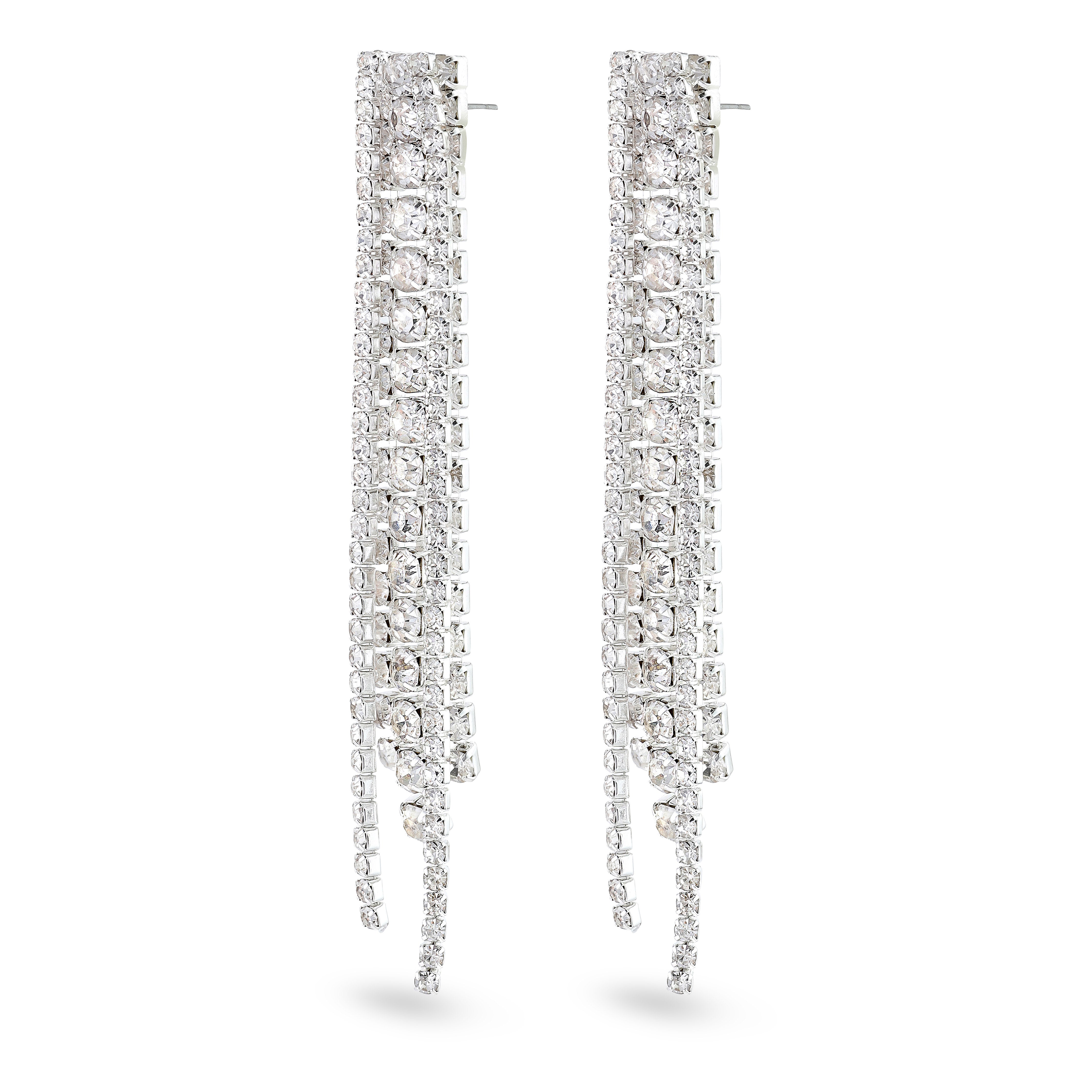 RACHEL earrings in silver-plated design feature cascading strands of clear crystals, creating a chandelier-inspired, sparkling look perfect for channeling your inner diva.