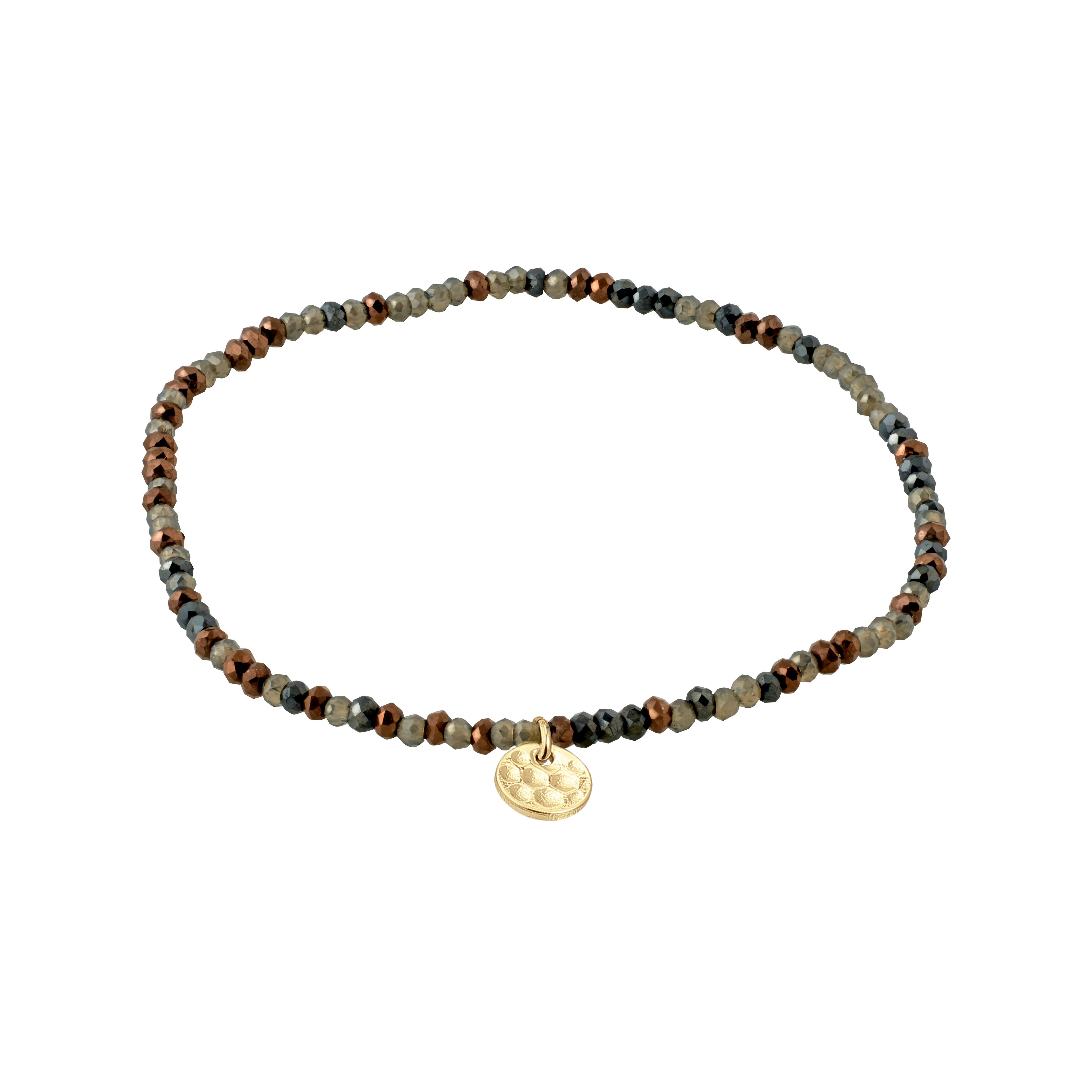 INDIE bracelet features tiny faceted glass beads in grey with a gold-tone charm, strung on elastic for a versatile fit. Perfect for layering.