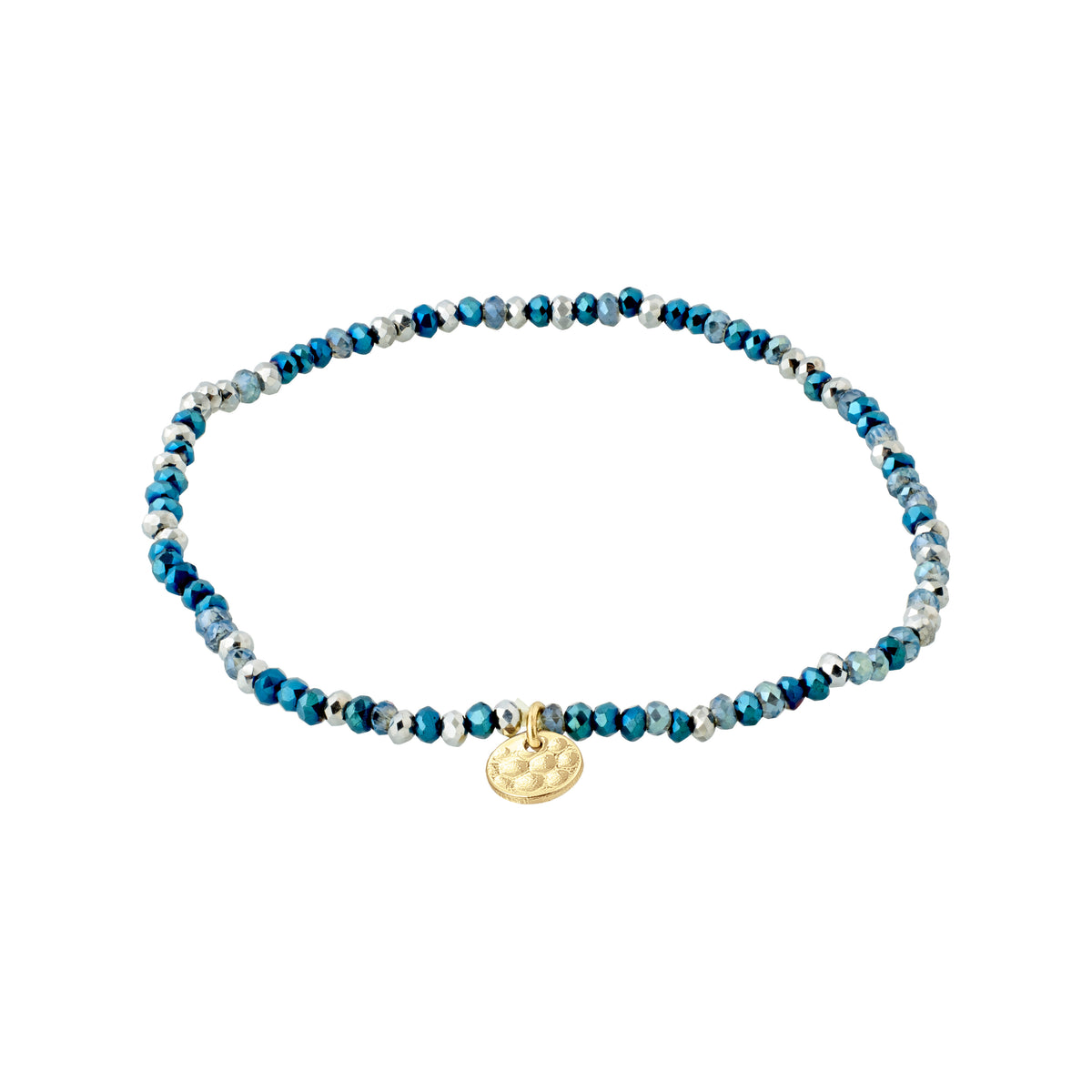 INDIE bracelet featuring blue faceted glass beads and a discreet gold-plated Pilgrim logo, strung on durable Lycra elastic for a flexible fit.