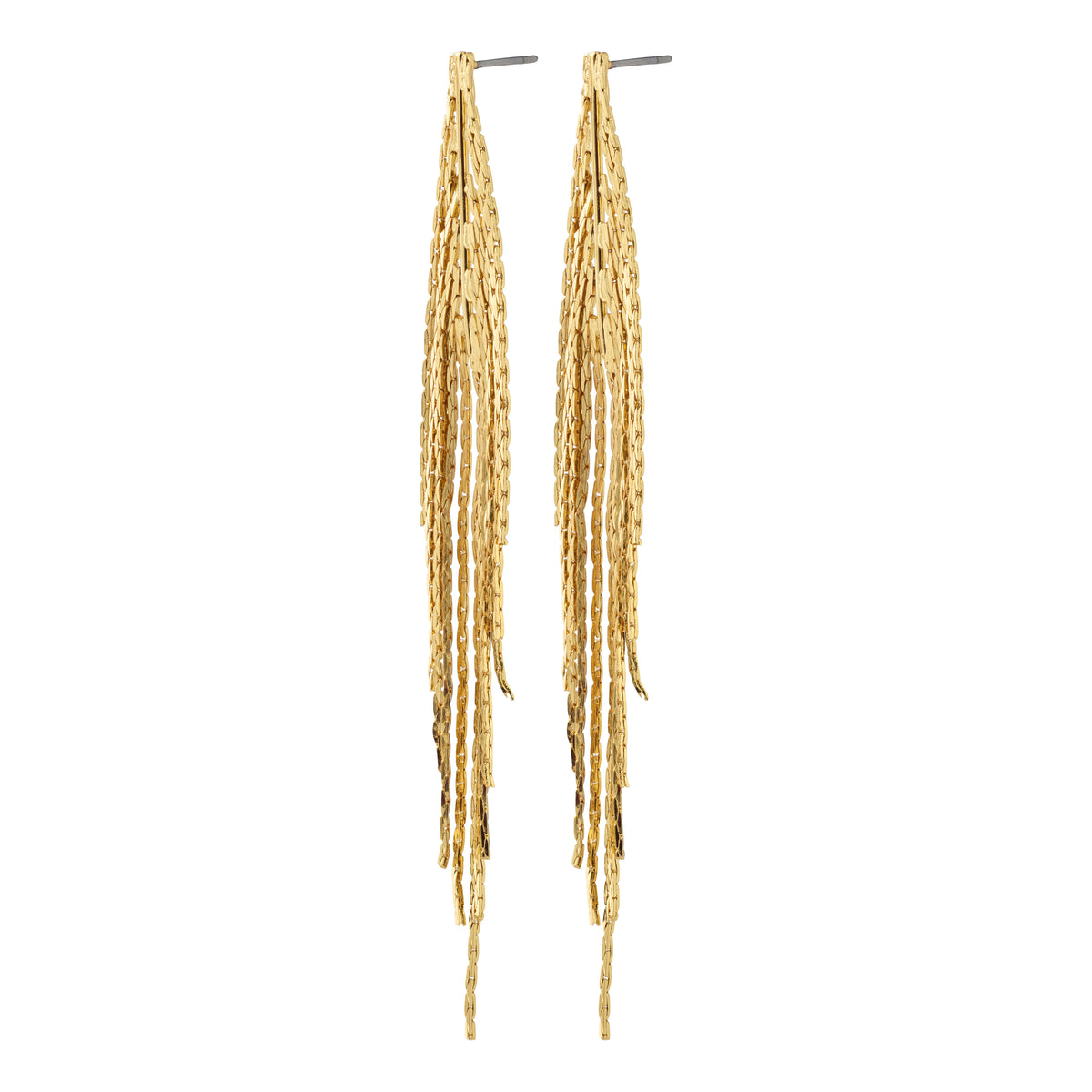 CARMEN waterfall earrings, gold-plated; long, elegant tassel design with varying chain lengths, exuding sophisticated, feminine energy. Perfect for glamorous, trendsetting occasions.