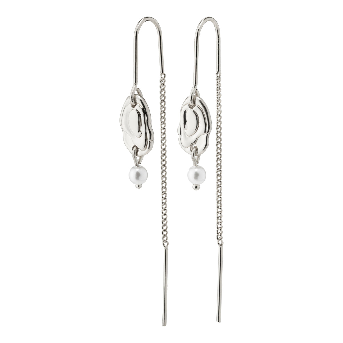 EMILIE chain earrings silver-plated with sleek chain design and pearl accents, inspired by nature's raw elegance, perfect for trendy, feminine autumn looks.