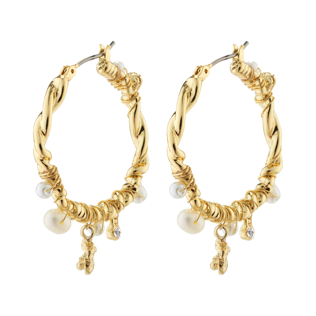 ANA pearl & crystal hoops gold-plated, featuring a twisted design with genuine freshwater pearls and Preciosa crystals, offering a romantic, nature-inspired look.