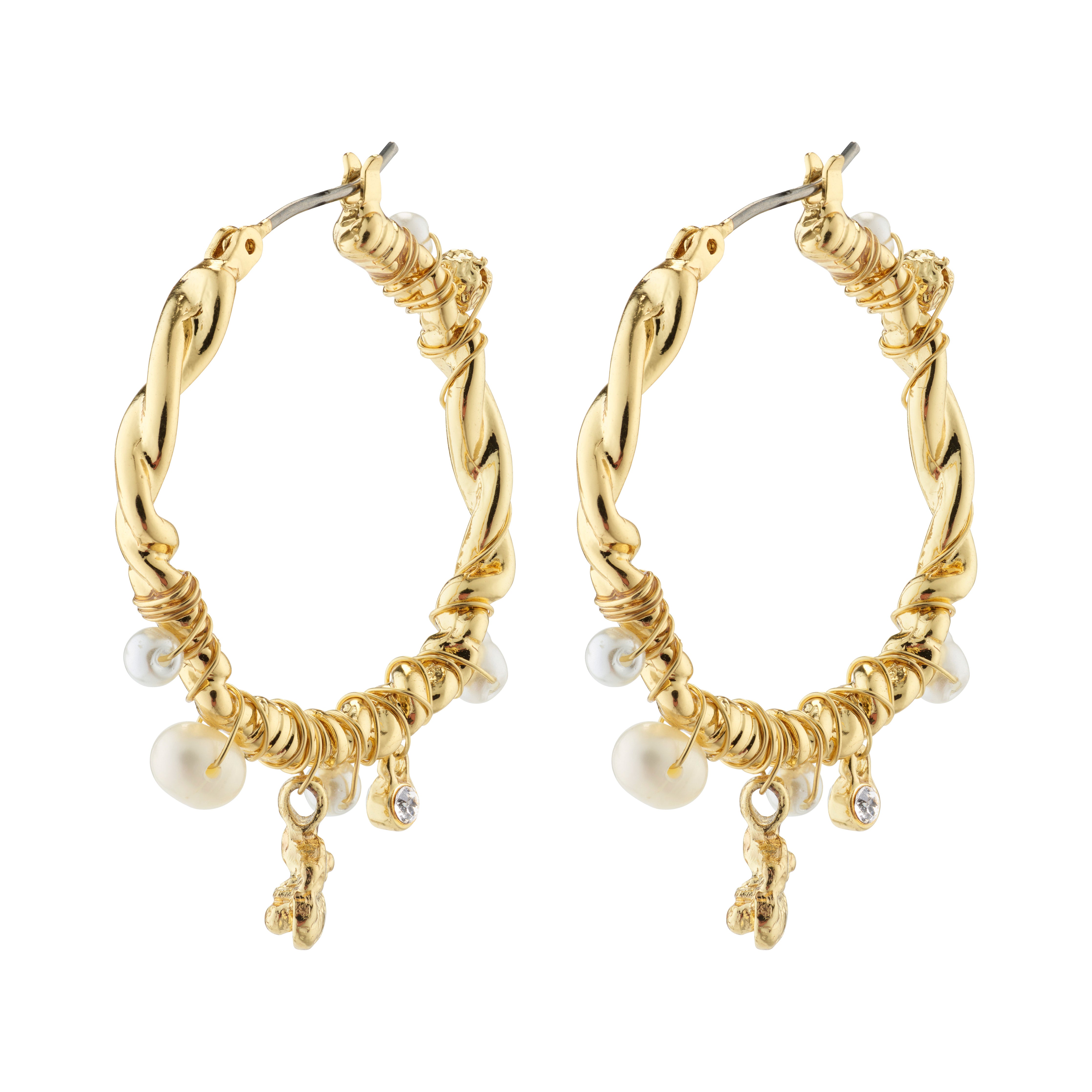 ANA pearl & crystal hoops gold-plated, featuring a twisted design with genuine freshwater pearls and Preciosa crystals, offering a romantic, nature-inspired look.