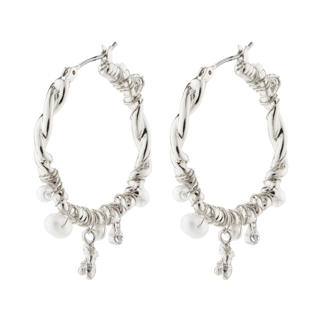 Silver-plated ANA hoops with twisted design, featuring freshwater pearls and Preciosa crystals, embodying a romantic, nature-inspired aesthetic. Ideal for a luxurious, boho look.