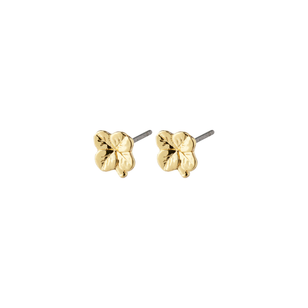 OCTAVIA clover earrings, gold-plated, featuring a four-leaf clover design symbolizing luck. Made from recycled materials, perfect for trendy, everyday wear.