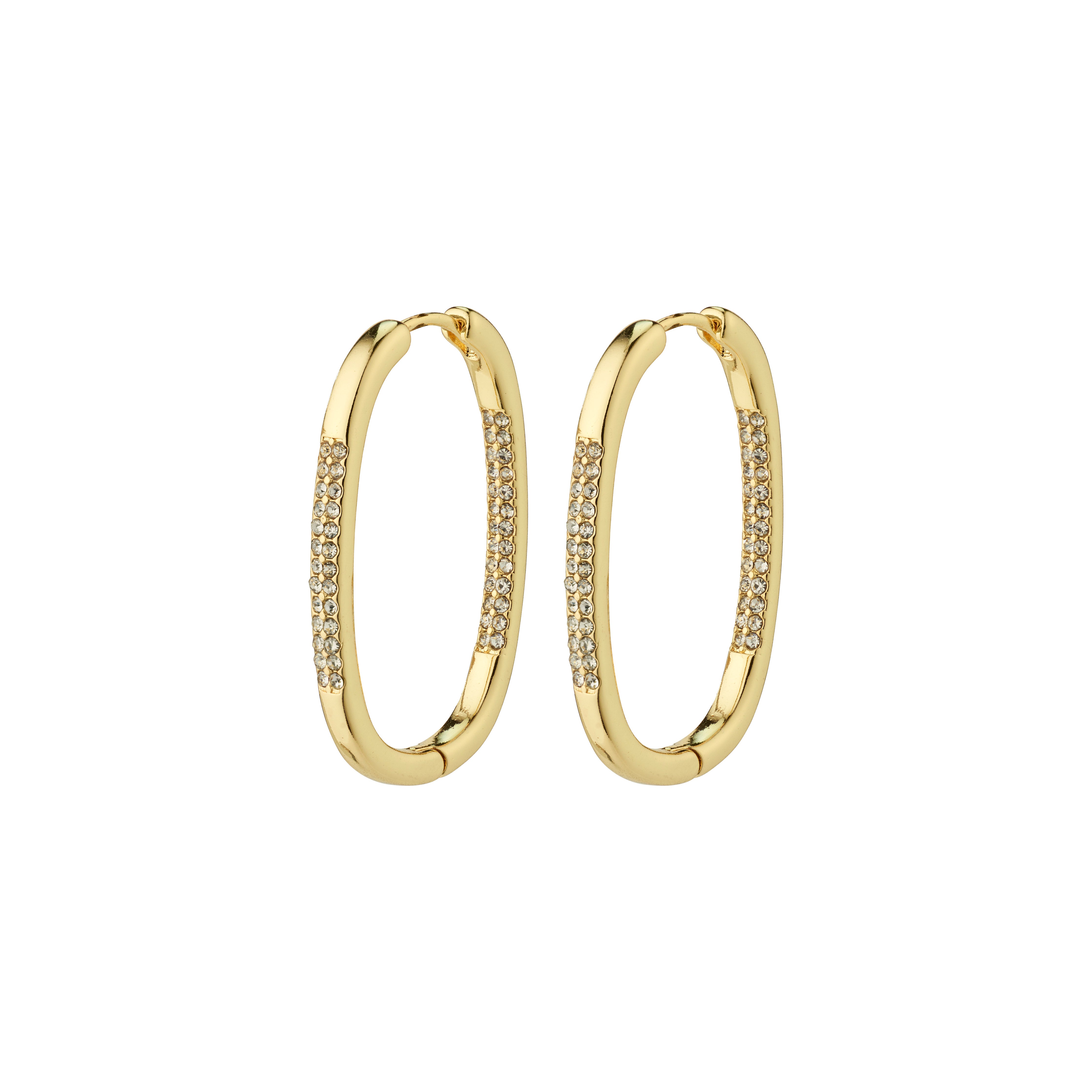 Gold-plated STAR hoops from Pilgrim, featuring an elegant oval shape adorned with Preciosa crystals, offering a stylish and classy touch to any outfit.