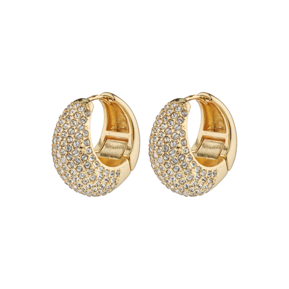 NAOMI crystal hoops, gold-plated, featuring chunky design with dazzling Preciosa crystals, crafted by Pilgrim from 96% recycled materials for a stylish, eco-friendly touch.
