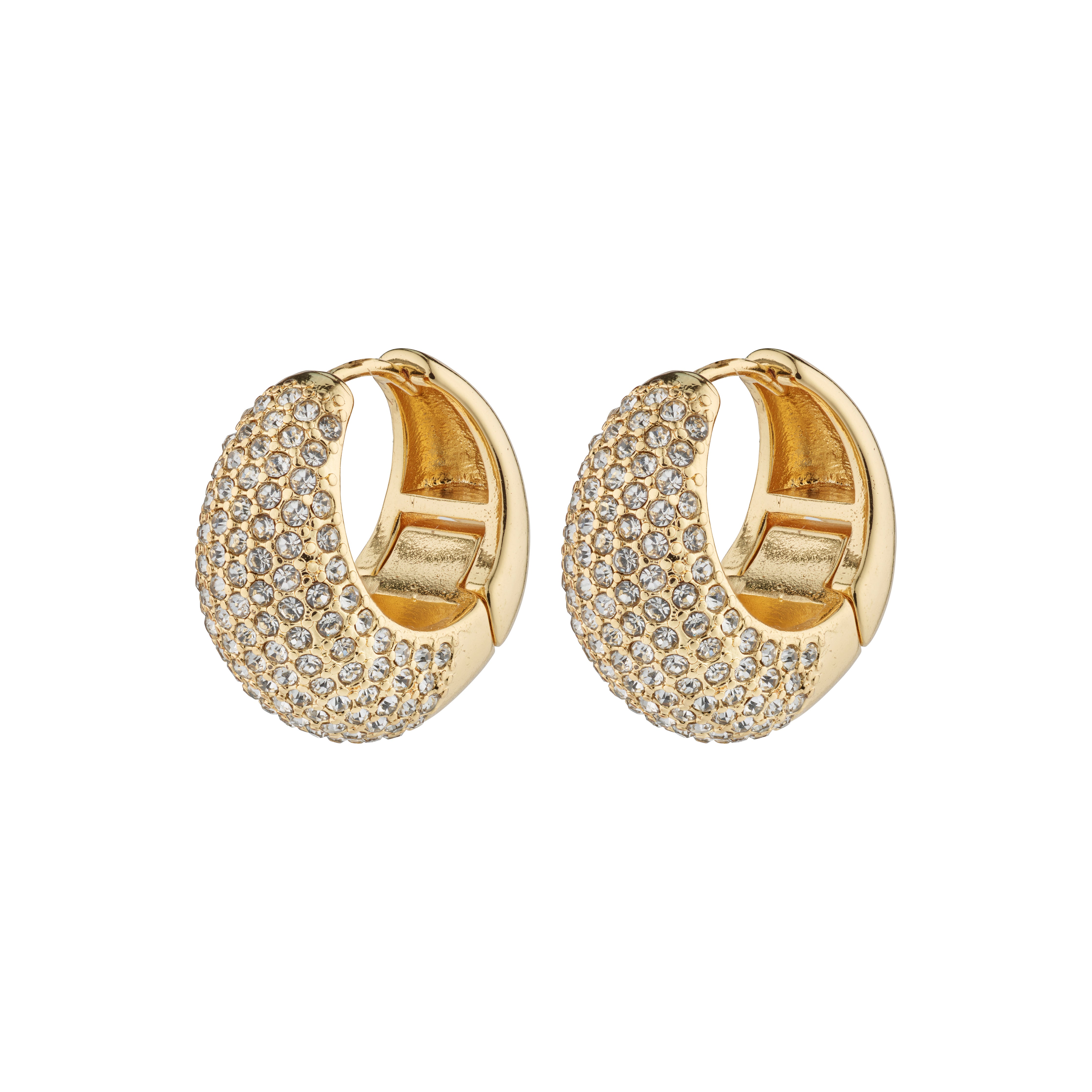 NAOMI crystal hoops, gold-plated, featuring chunky design with dazzling Preciosa crystals, crafted by Pilgrim from 96% recycled materials for a stylish, eco-friendly touch.