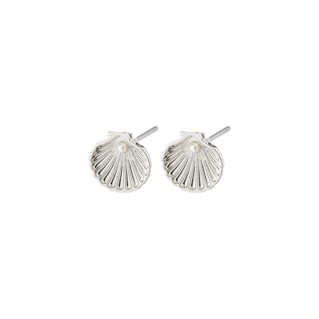 OPAL seashell earrings, silver-plated with a pearl detail, showcasing a unique seashell design. Perfect for a curated ear look or standalone summer style.