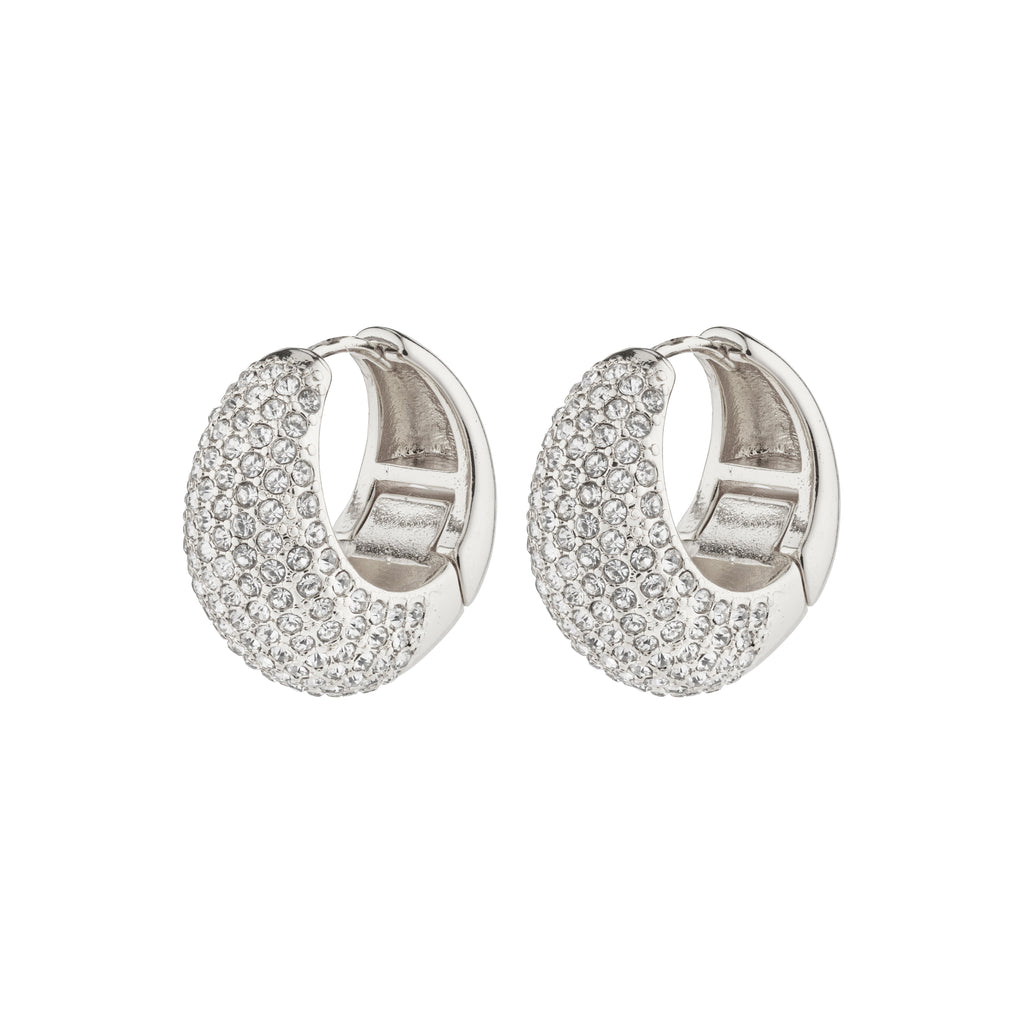 NAOMI crystal hoops silver-plated, featuring wide silver earrings with sparkling Preciosa crystals, crafted from 96% recycled materials for an eco-friendly, elegant style.