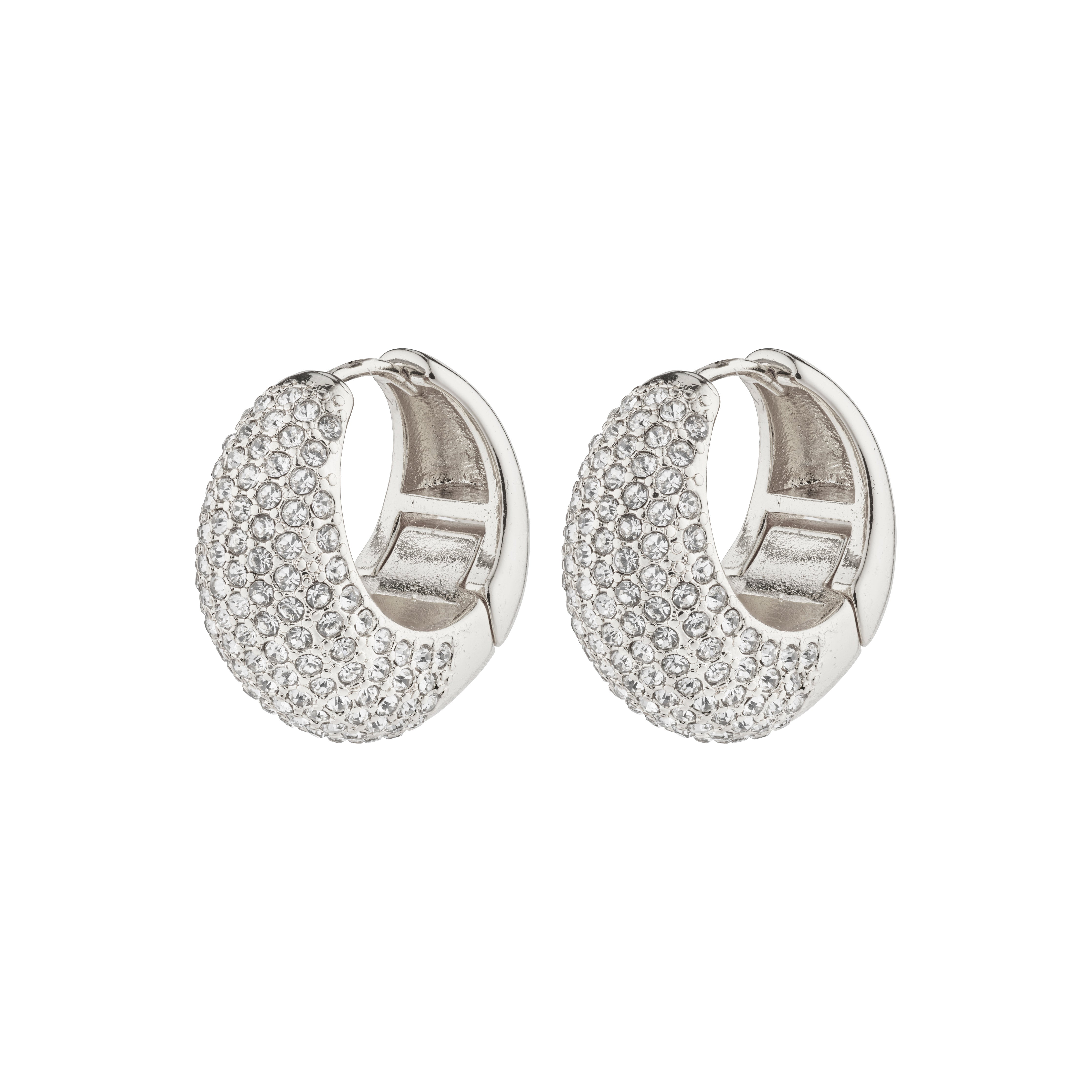 NAOMI crystal hoops silver-plated, featuring wide silver earrings with sparkling Preciosa crystals, crafted from 96% recycled materials for an eco-friendly, elegant style.