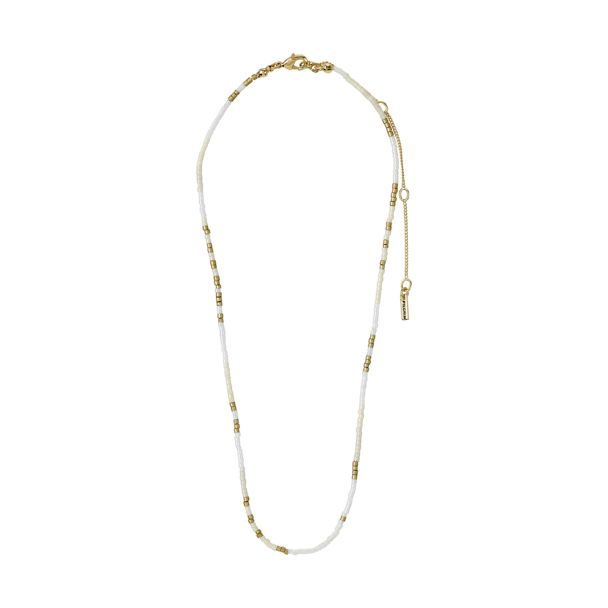 ALISON necklace with white and gold beads, featuring a boho-inspired design and a gold-plated extension chain, perfect for layering and a relaxed festival look.