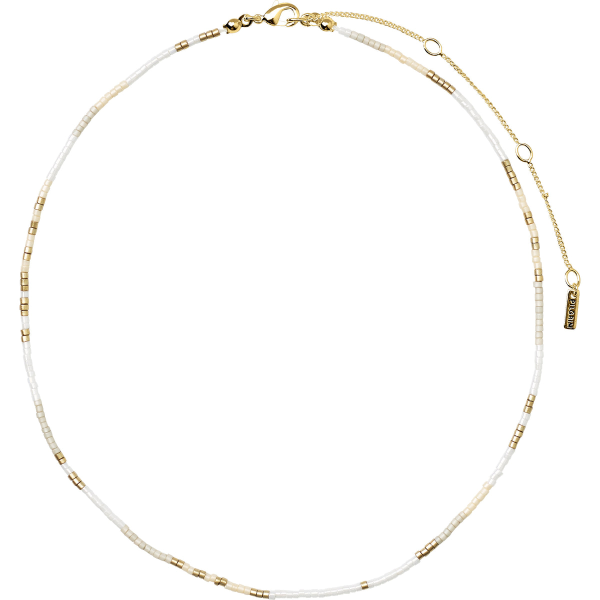 Close-up of Pilgrim's ALISON necklace, featuring white and grey glass beads and gold-plated circle pendant, perfect for a layered, boho-inspired look.