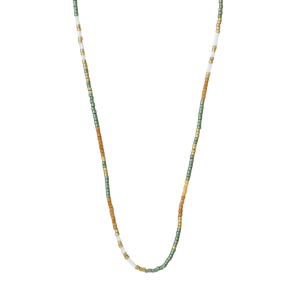 ALISON necklace: multicolored taupe and grey glass beads, gold-plated chain. Boho-inspired, 36 cm, with 9 cm extension for a layered, relaxed look.