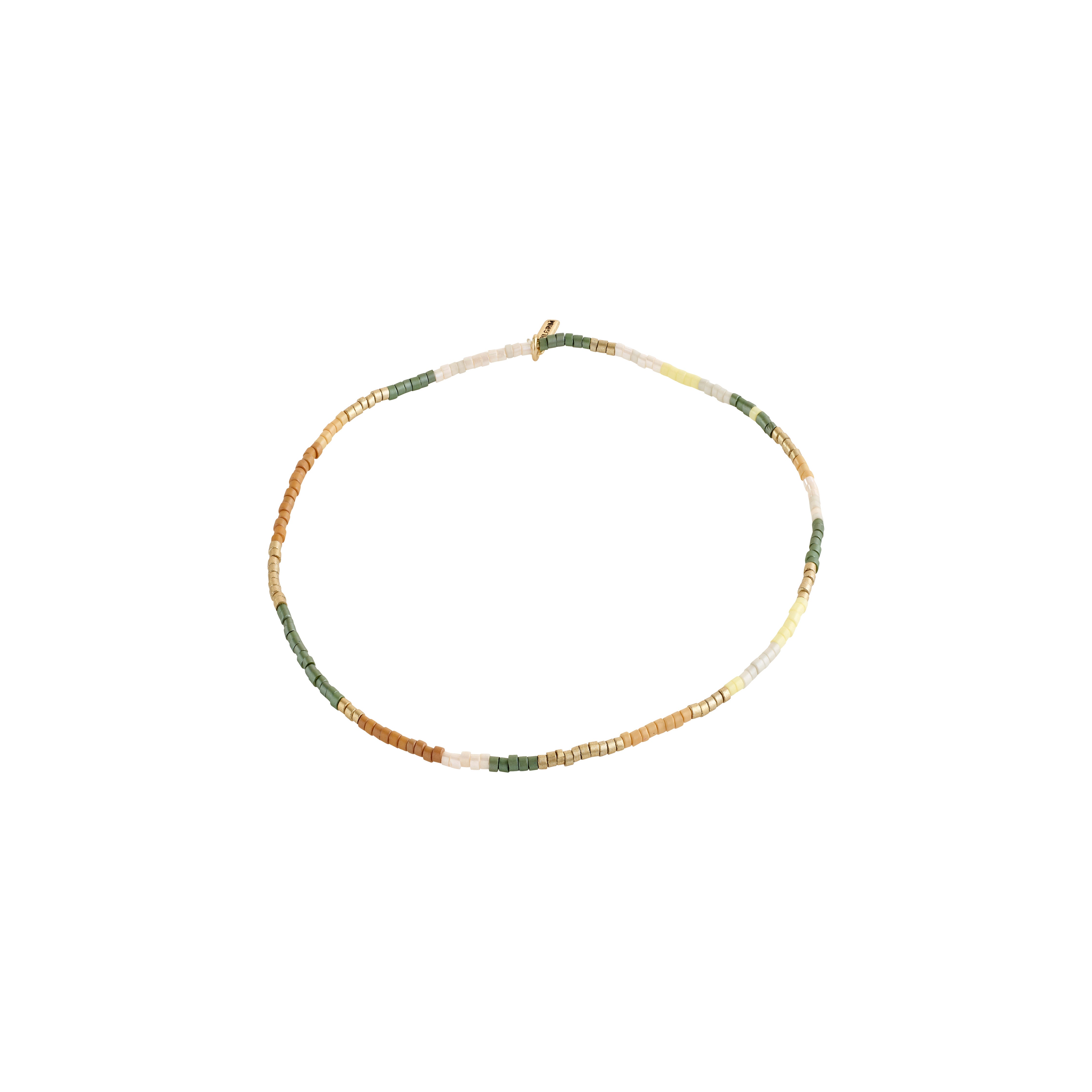 ALISON ankle chain in muted earth-tones with cylindrical beads and a small metal tag, offering a bohemian vibe perfect for casual summer wear.