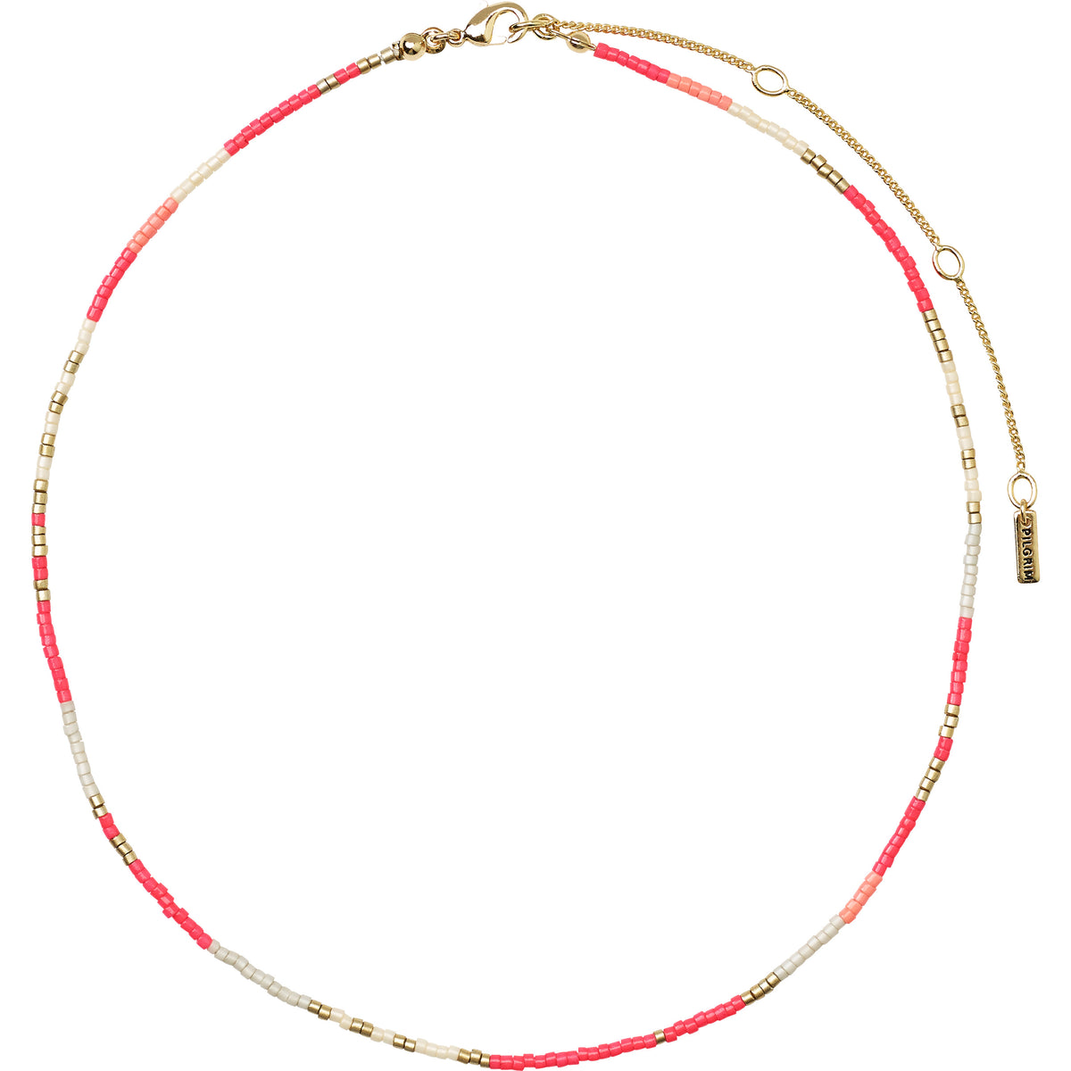 ALISON necklace: A close-up of a gold-plated chain with pink and grey glass beads, showcasing a boho-inspired, layered style ideal for a relaxed festival vibe.