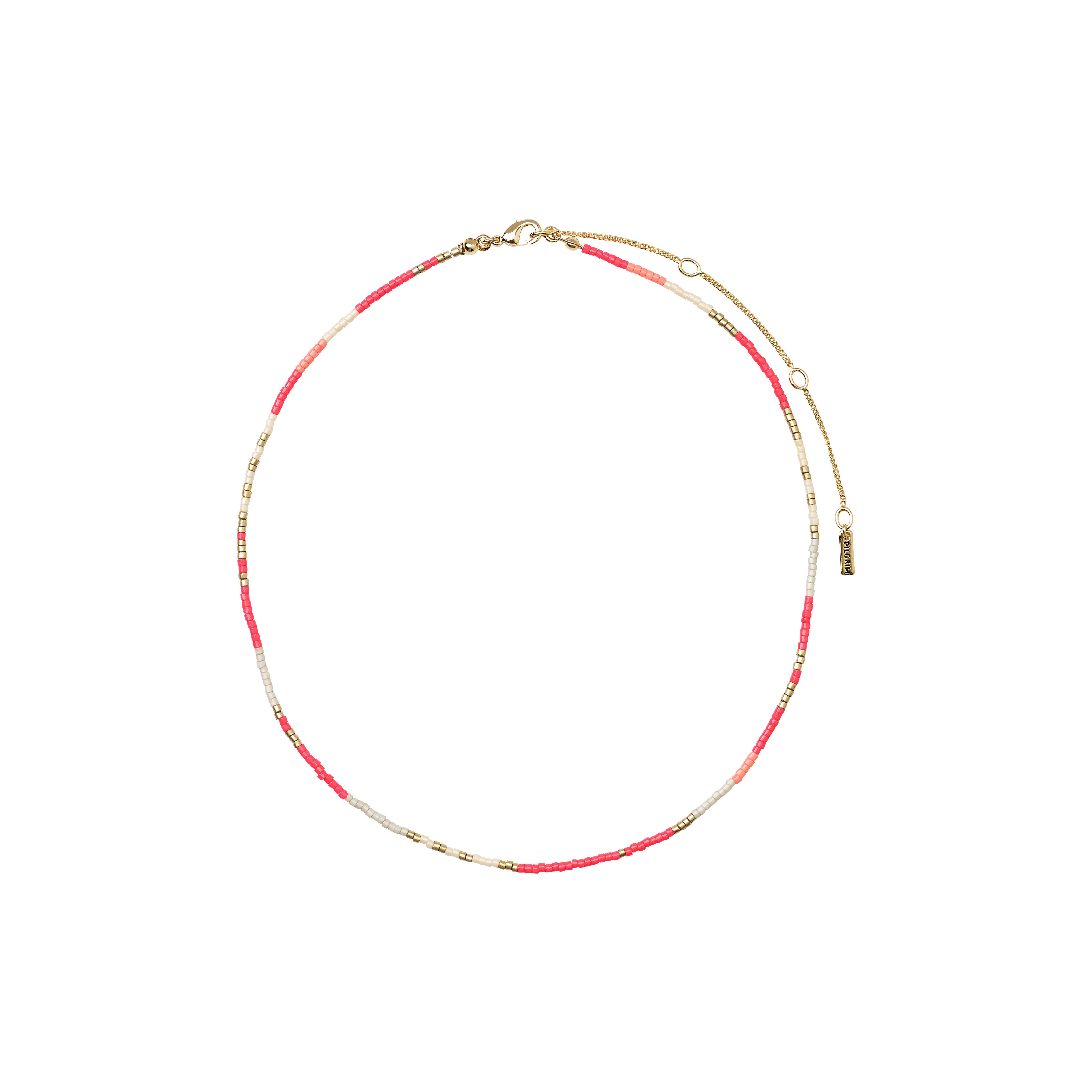 ALISON necklace featuring pink and grey glass beads with a gold-plated chain, ideal for layering and creating a relaxed, boho-inspired look.