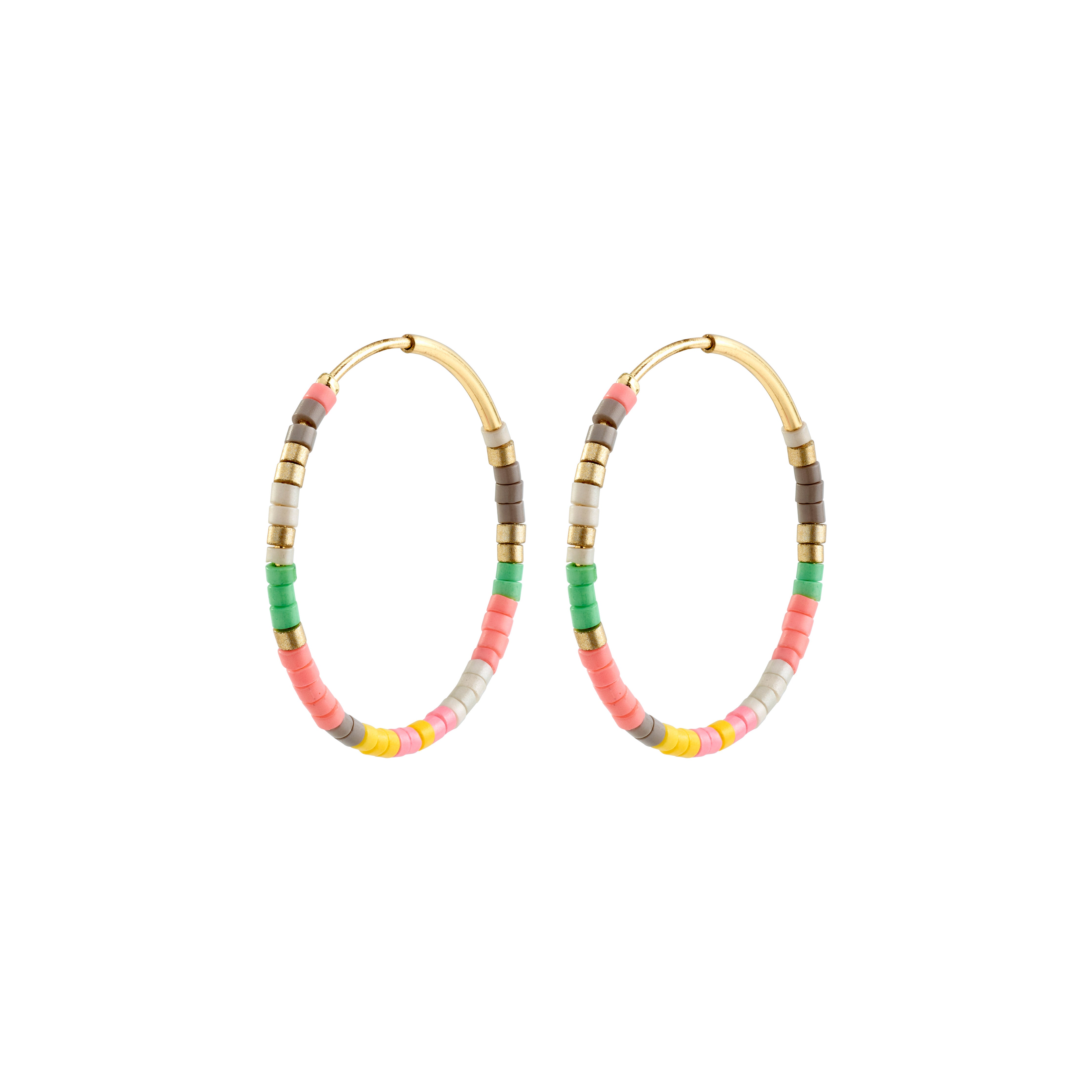 ALISON hoop earrings, rose/gold-plated, featuring colorful pink and yellow glass beads, exuding a luxury boho look, perfect for festival outfits.