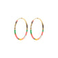 ALISON hoop earrings, rose/gold-plated, featuring colorful pink and yellow glass beads, exuding a luxury boho look, perfect for festival outfits.