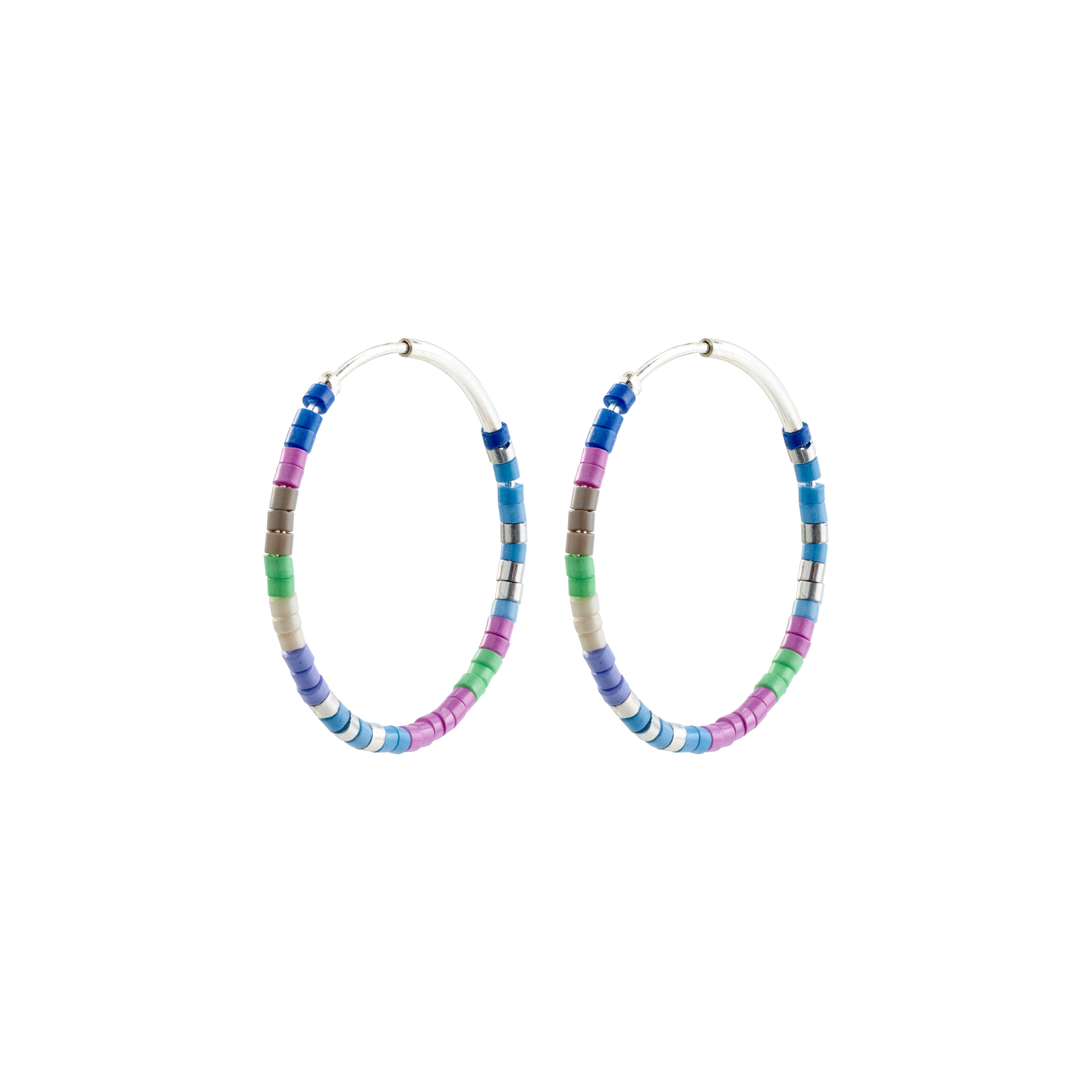 ALISON hoop earrings, blue/silver-plated, feature vibrant glass beads in blue and purple, embodying Pilgrim's Scandinavian-inspired, trendy design. Perfect for a summery, stylish look.