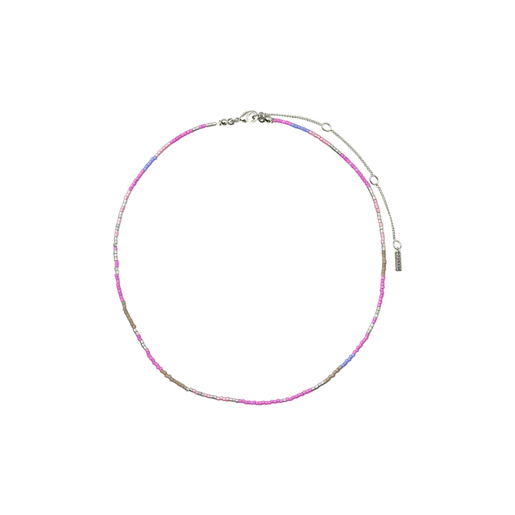 ALISON necklace purple, silver-plated with colorful glass beads, showcasing a boho-inspired, layered style. Perfect for a relaxed, festival-ready look.