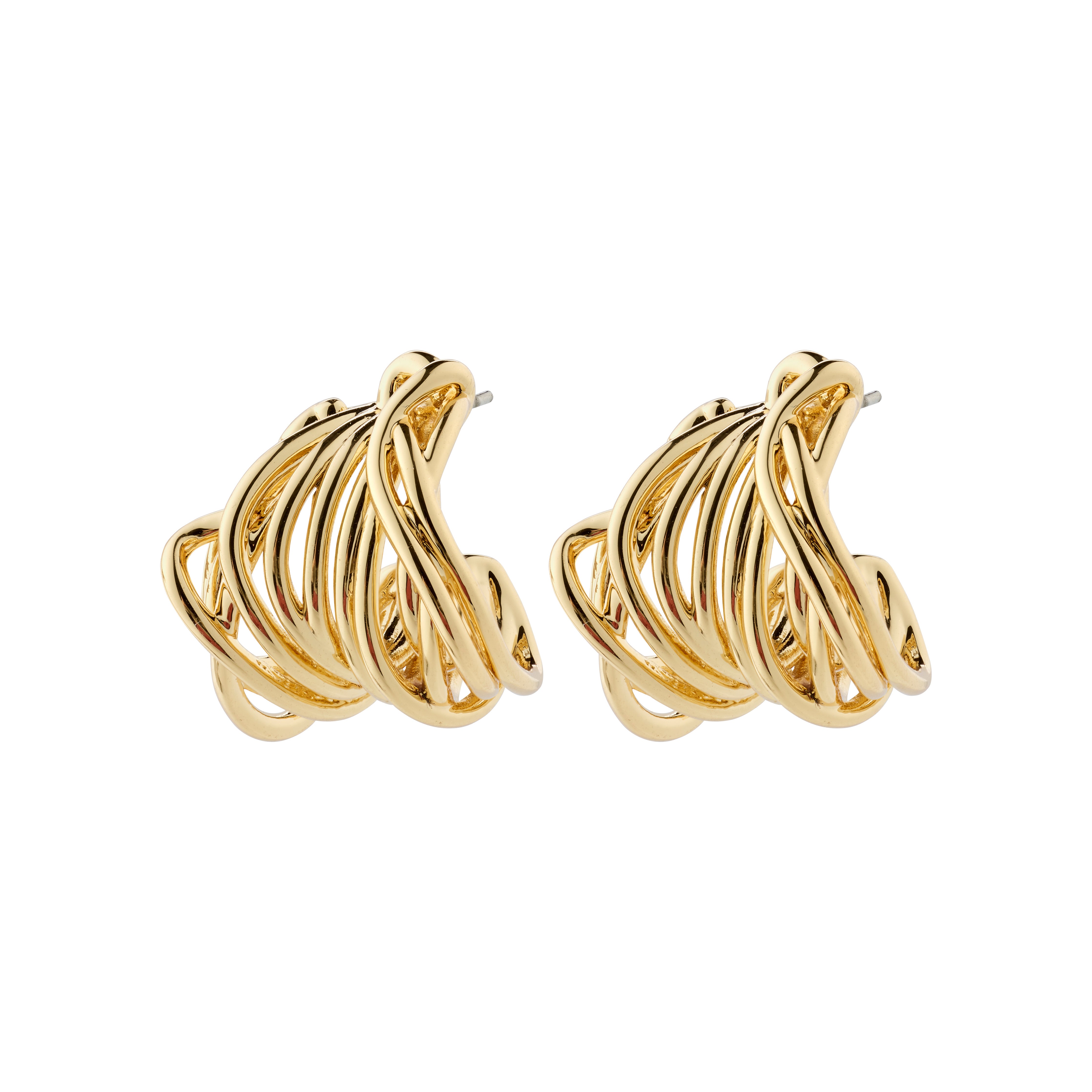 PAMELA earrings gold-plated with fluid, unique design, featuring gathered threads, embodying confident style and sustainability with 97% recycled material.