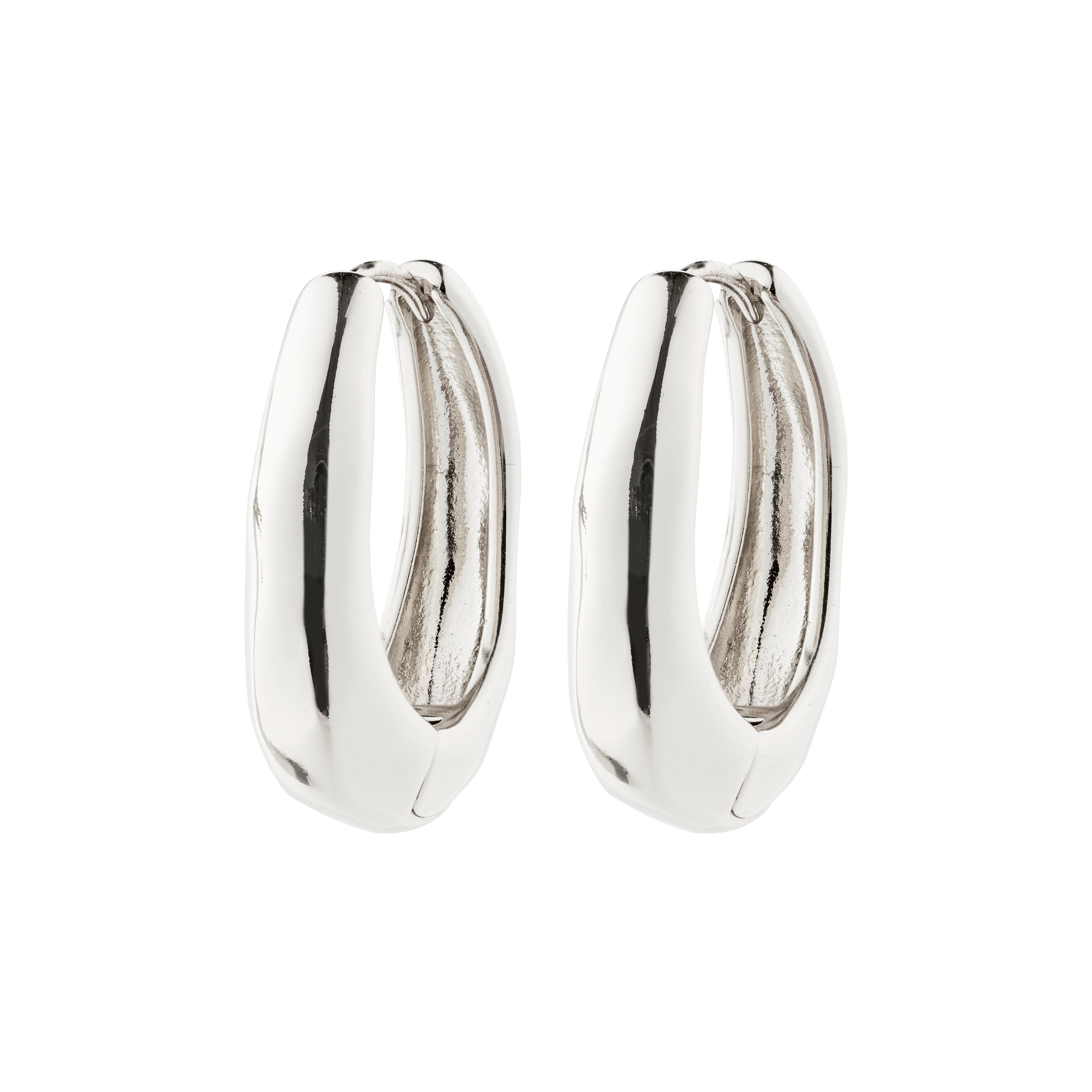 ASHER silver-plated chunky hoop earrings with an oval design and click clasp, showcasing Pilgrim's sustainable, stylish craftsmanship.