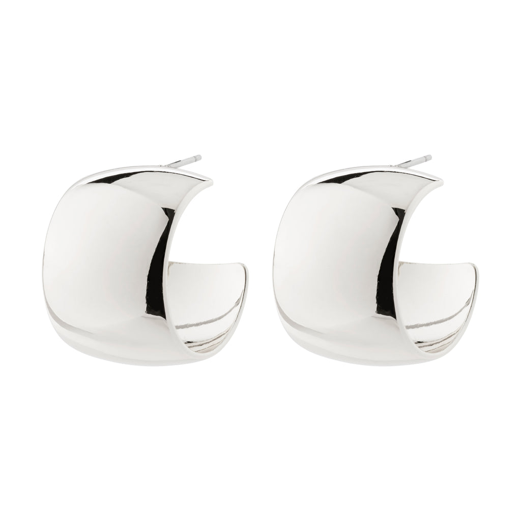 TALULLA silver-plated earrings, ultra-wide hoops with glossy shine, perfect for trendy styles. Made from 98% recycled material, reflecting Pilgrim's sustainable fashion.