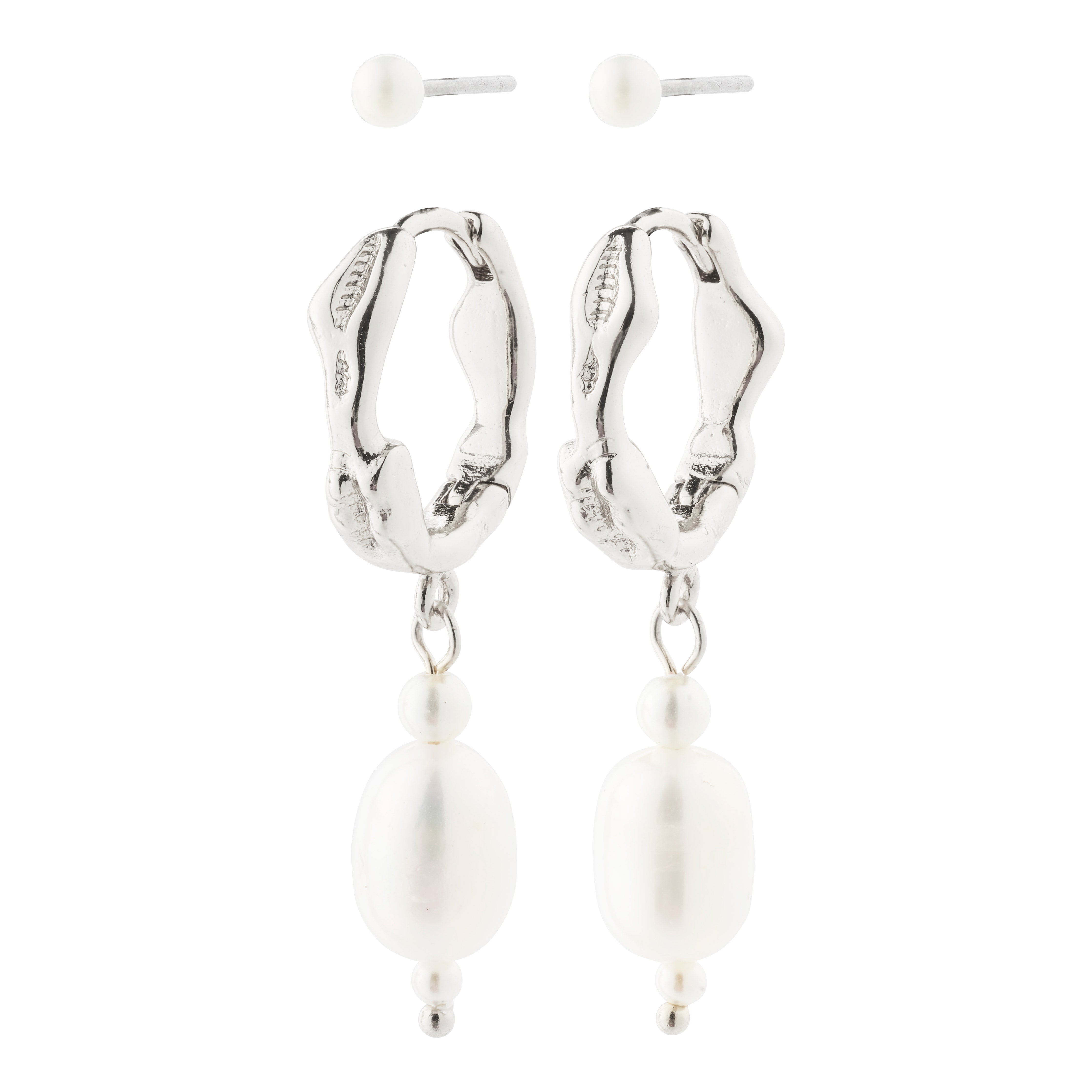 CONSTANCE earrings 2-in-1 set, featuring silver-plated hoops with a genuine freshwater pearl pendant and small glasspearl studs, showcasing Pilgrim's elegant, Scandinavian-inspired design.