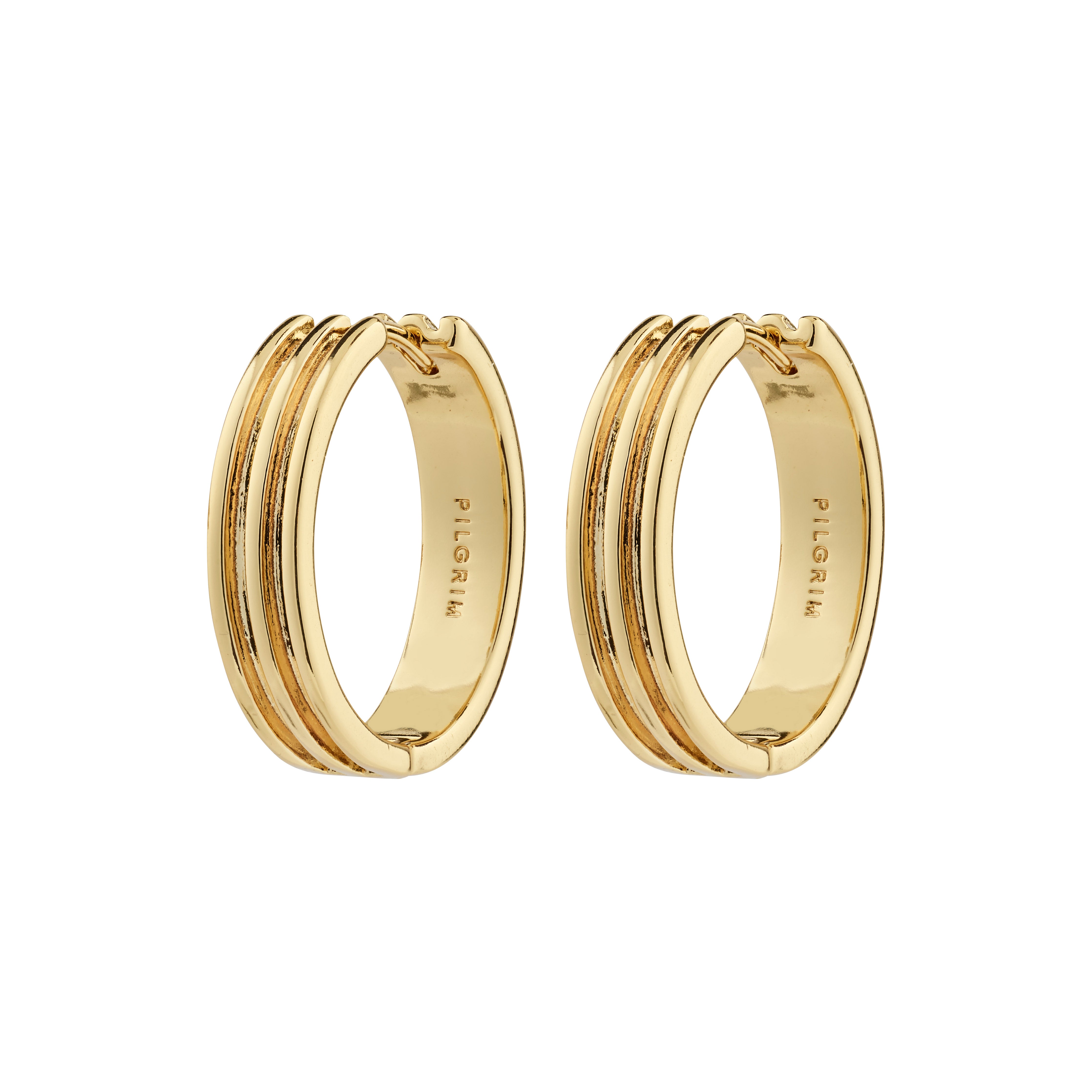 BENNETT gold-plated hoop earrings by Pilgrim, showcasing wide, classic design with Scandi coolness and easy click clasp, crafted from 99% recycled materials.