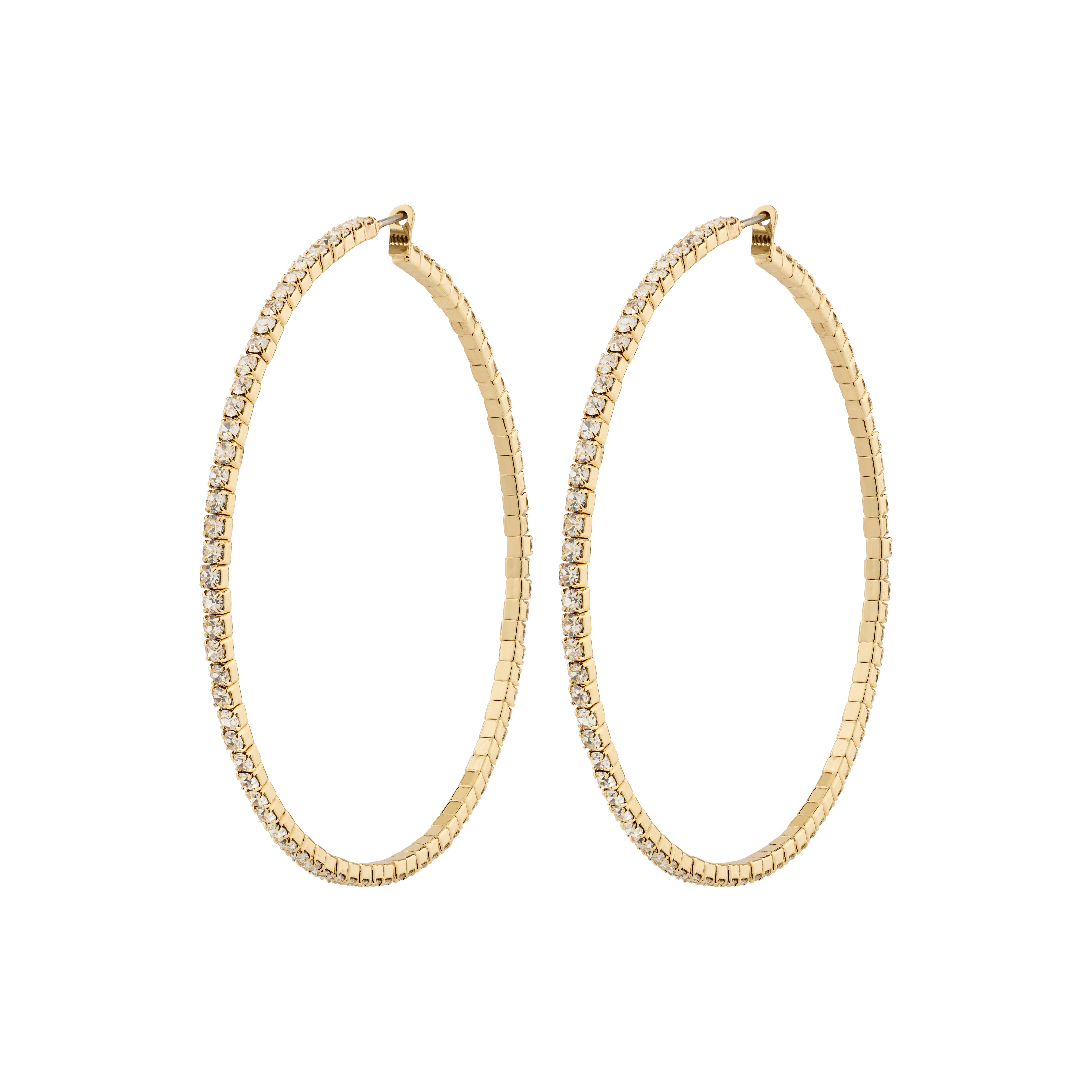 Gold-plated SIDNEY crystal hoop earrings from Pilgrim, featuring sleek mega hoops studded with sparkling Preciosa crystals, perfect for an evening out.
