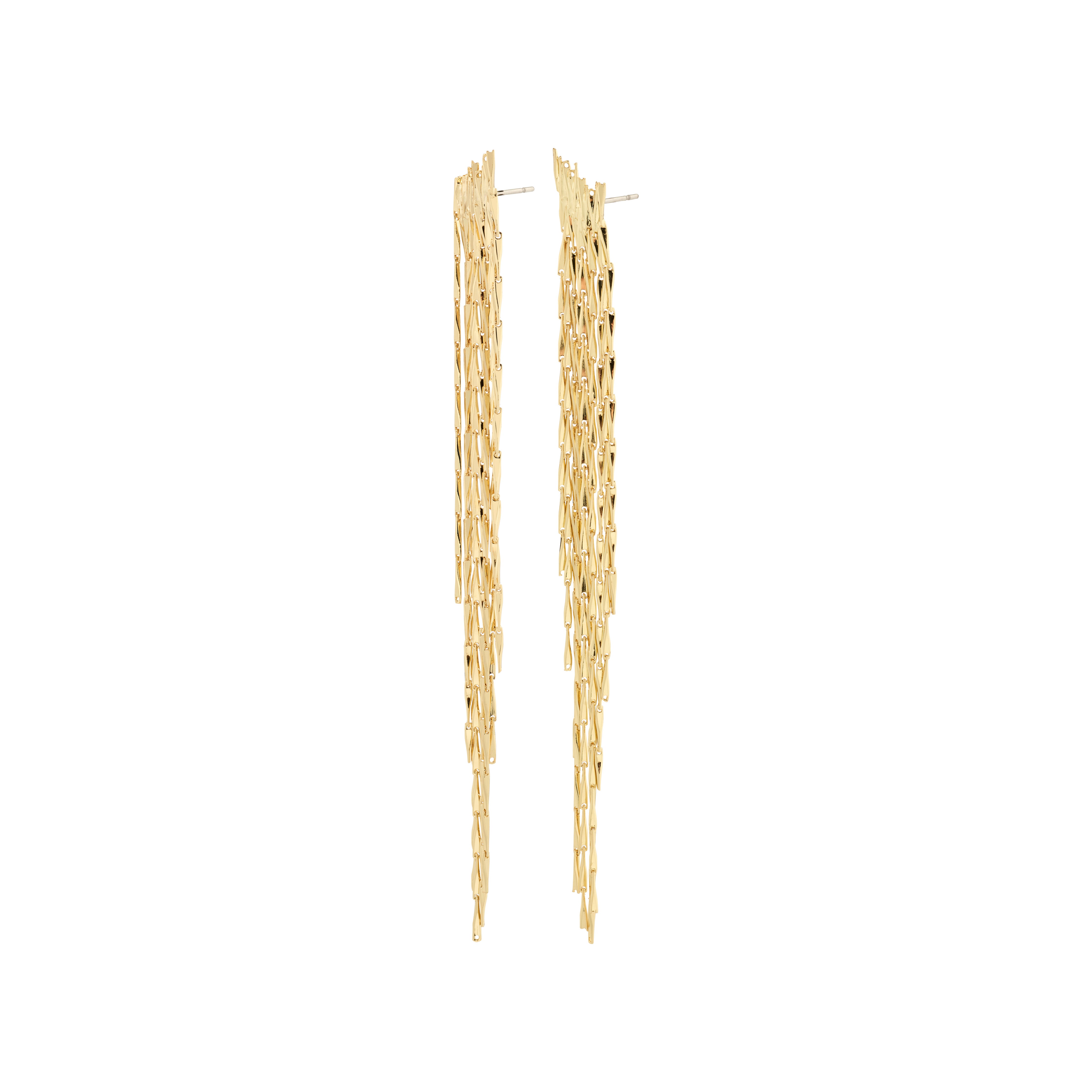ZENOBIA gold-plated earrings with layered chains and twisted melon seed links, designed for a dazzling, light-catching effect. Perfect for parties, made from 97% recycled materials.
