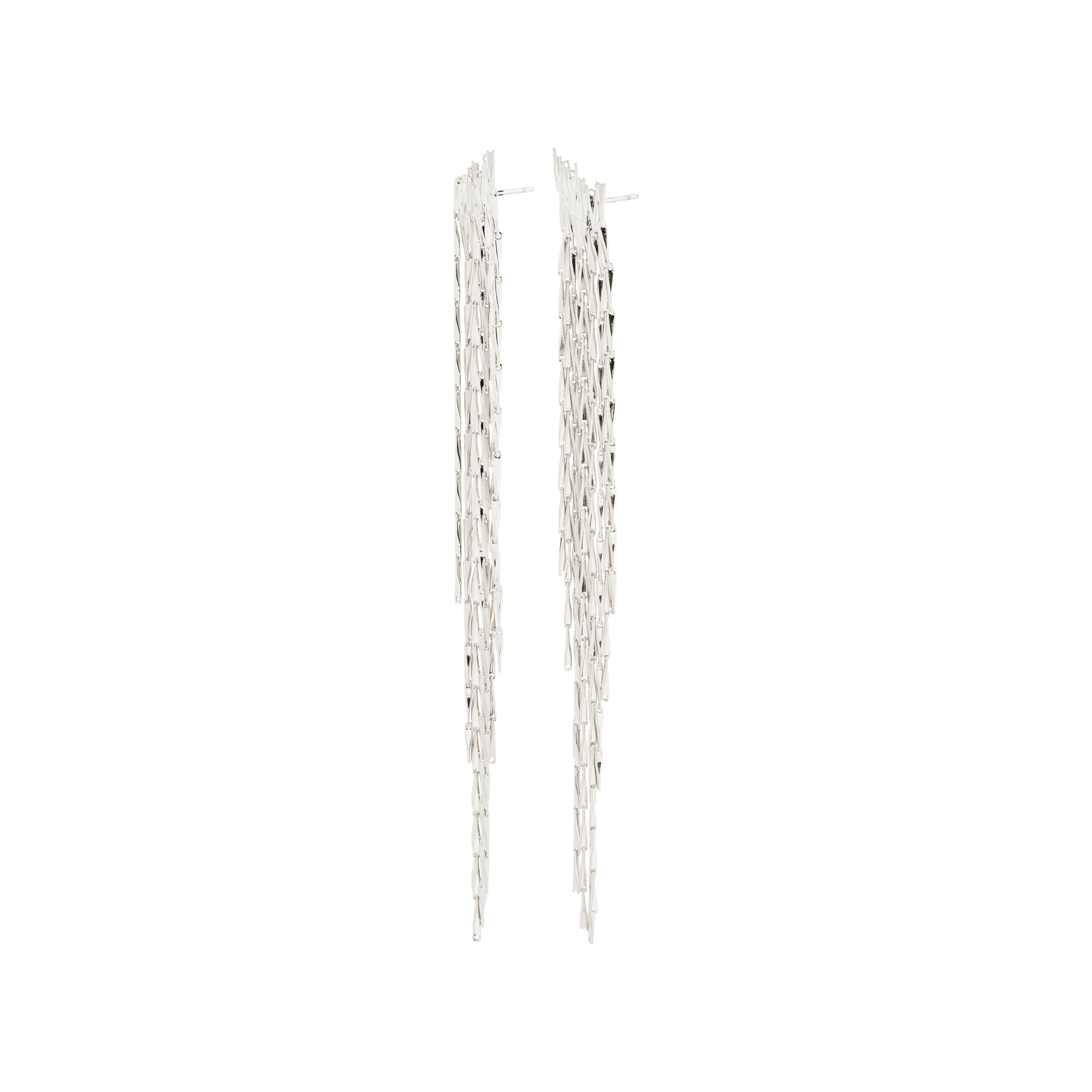 ZENOBIA silver-plated earrings featuring layered chains with twisted melon seed links, creating a shimmering waterfall effect ideal for party settings.