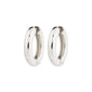 Silver-plated MARLO hoop earrings, crafted from recycled materials, feature a chunky, shiny design with easy click clasps, blending timeless elegance and trendy style.