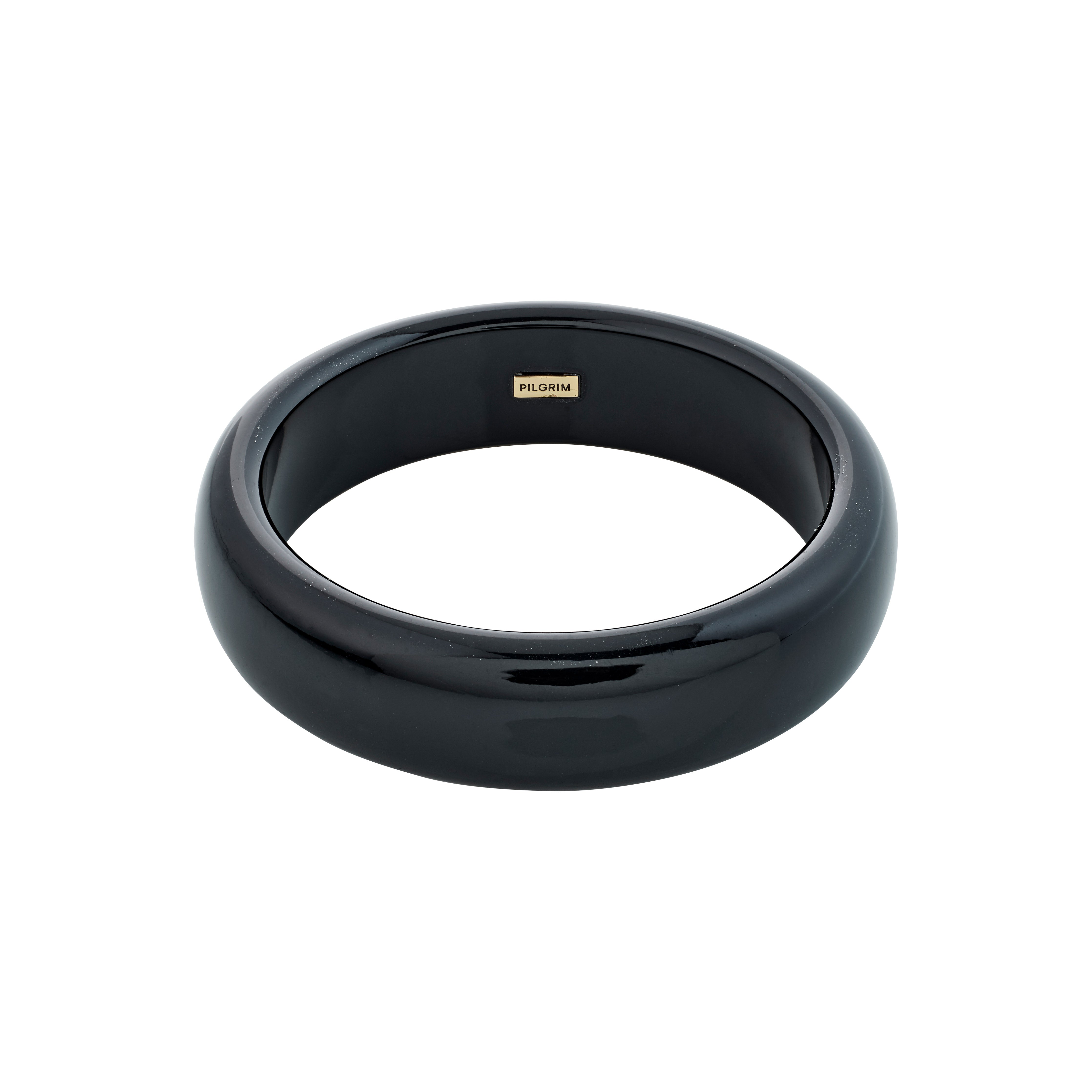 AASE bangle black from Pilgrim, crafted from recycled acrylic, featuring a gold center, perfect for a minimalist or bold summer fashion statement.