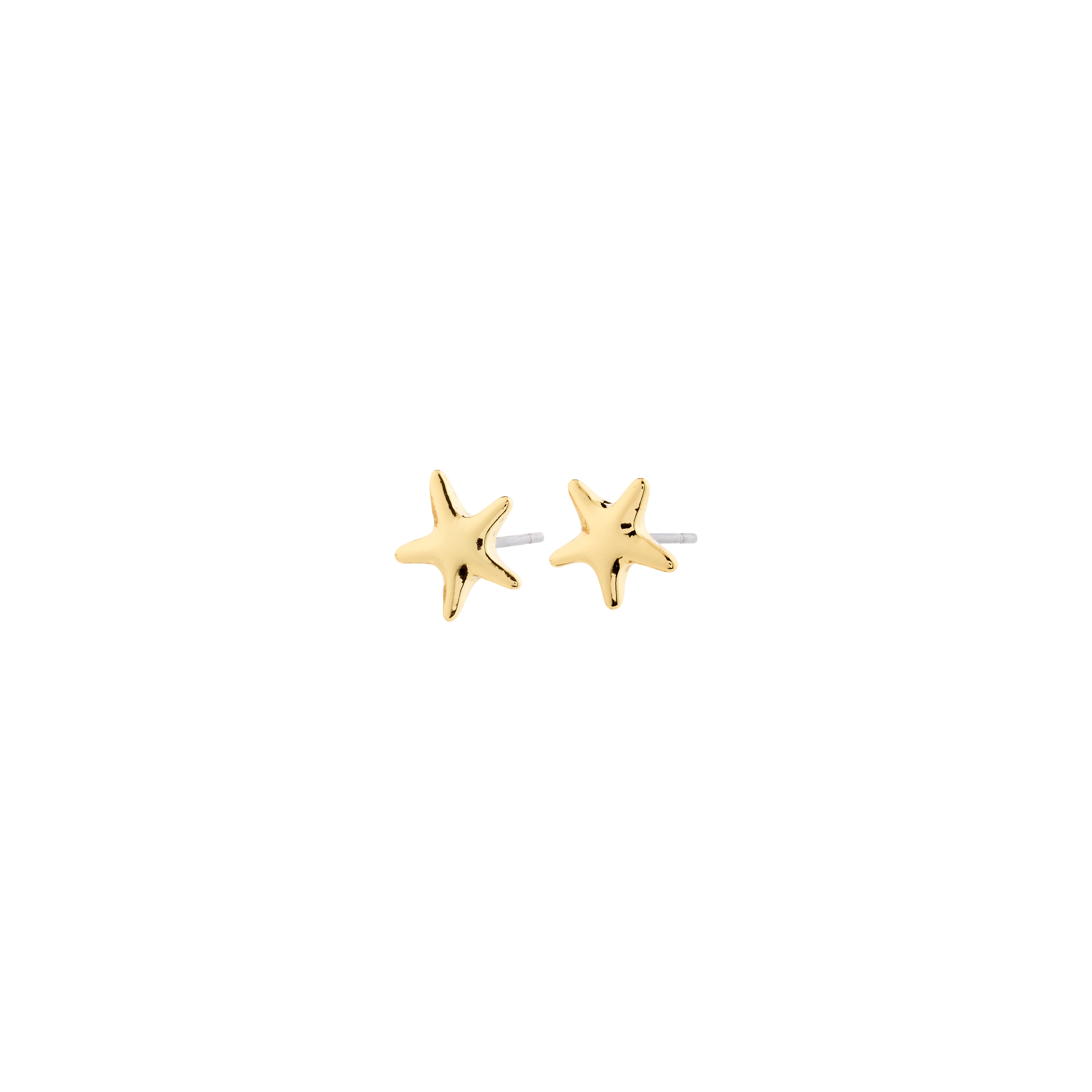 Gold-plated ANDRÉ earrings by Pilgrim, featuring small starfish studs, inspired by beach vibes and crafted from 99% recycled materials for a minimal, stylish look.