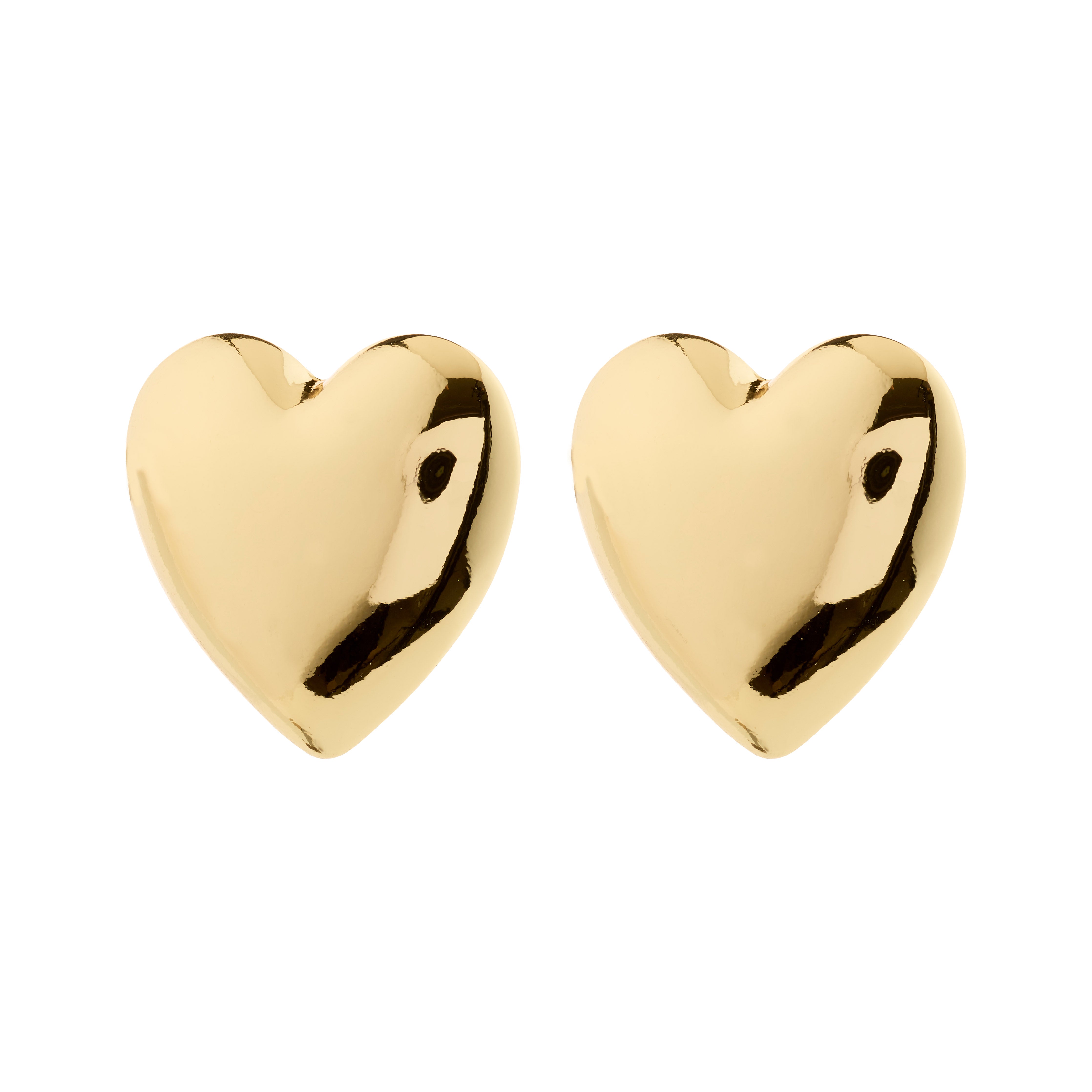 ANNEMETTE gold-plated earrings from Pilgrim, featuring chunky heart shapes with a shiny finish, crafted from recycled materials for a stylish and eco-friendly accessory.