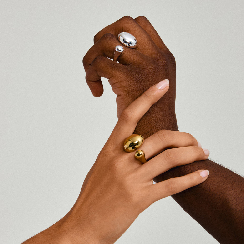 Silver-plated ALVIN ring with a bubble dome shape worn on a hand, showcasing its shiny, chunky design and Scandinavian elegance from Pilgrim.