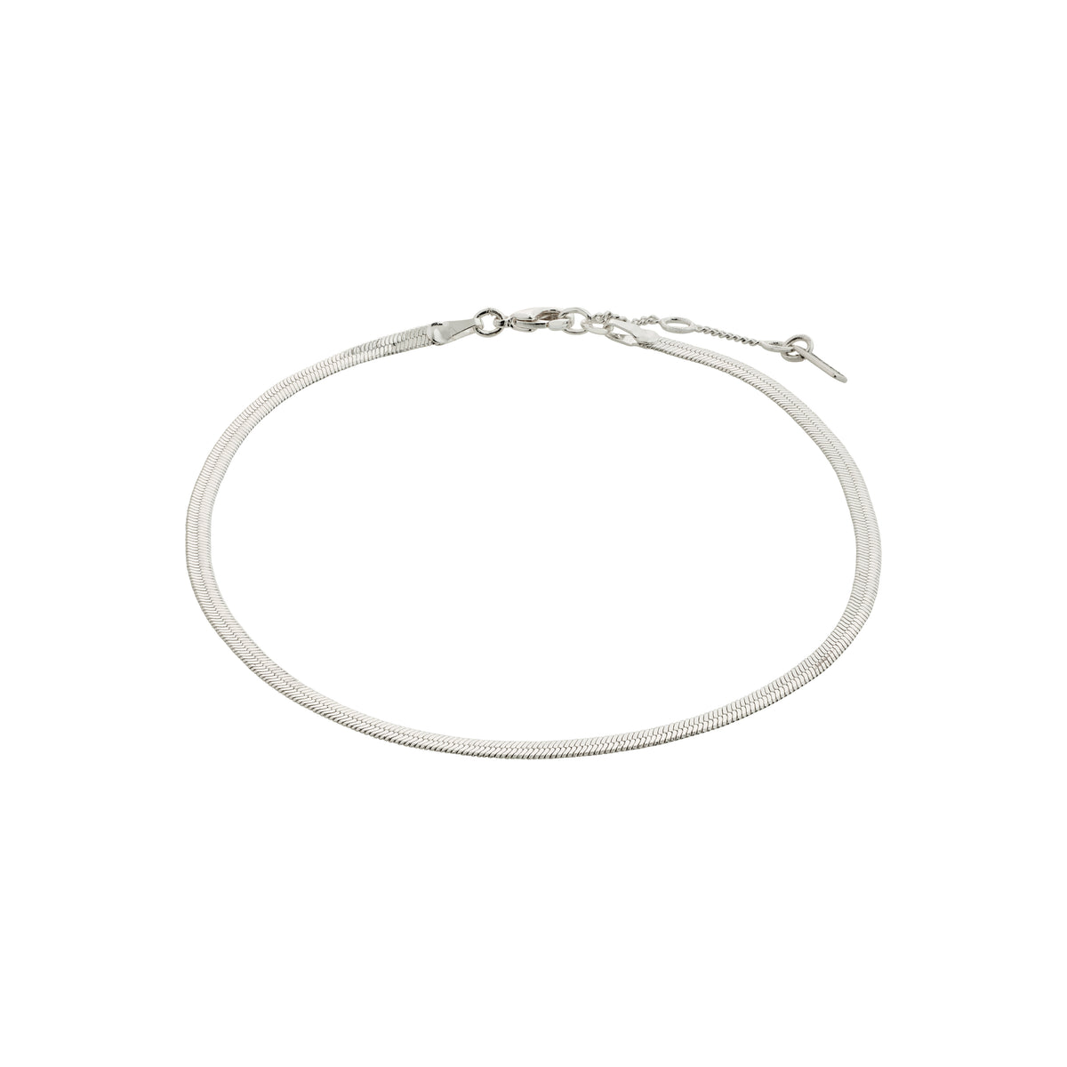 Silver-plated JOANNA anklet, a flat snake chain elegantly wrapping around the ankle, reflecting light beautifully, crafted with 99% recycled material for sustainable summer style.