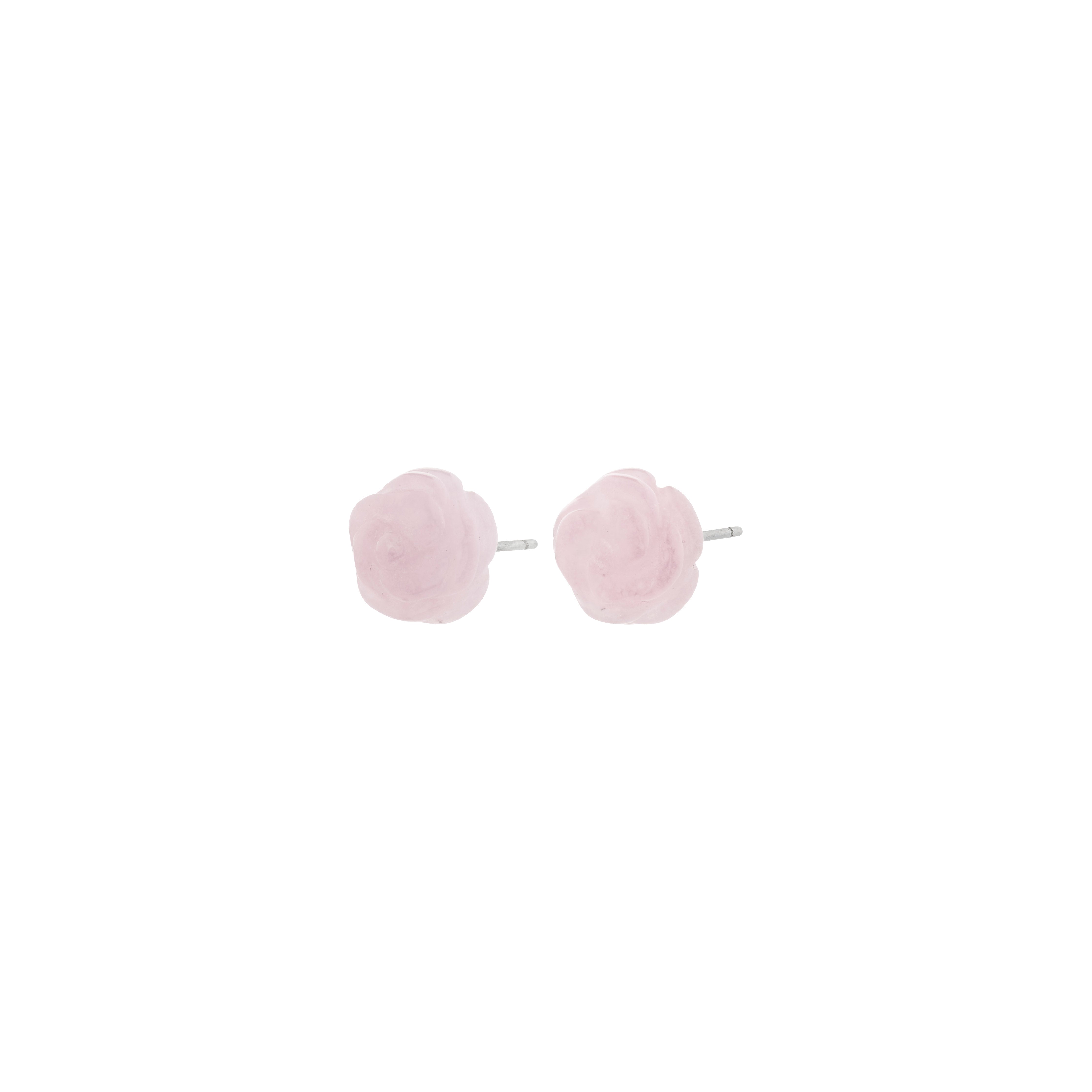ADEM rose quartz earrings featuring intricately carved rose shapes, capturing Pilgrim's blend of nature-inspired elegance and Scandinavian craftsmanship.