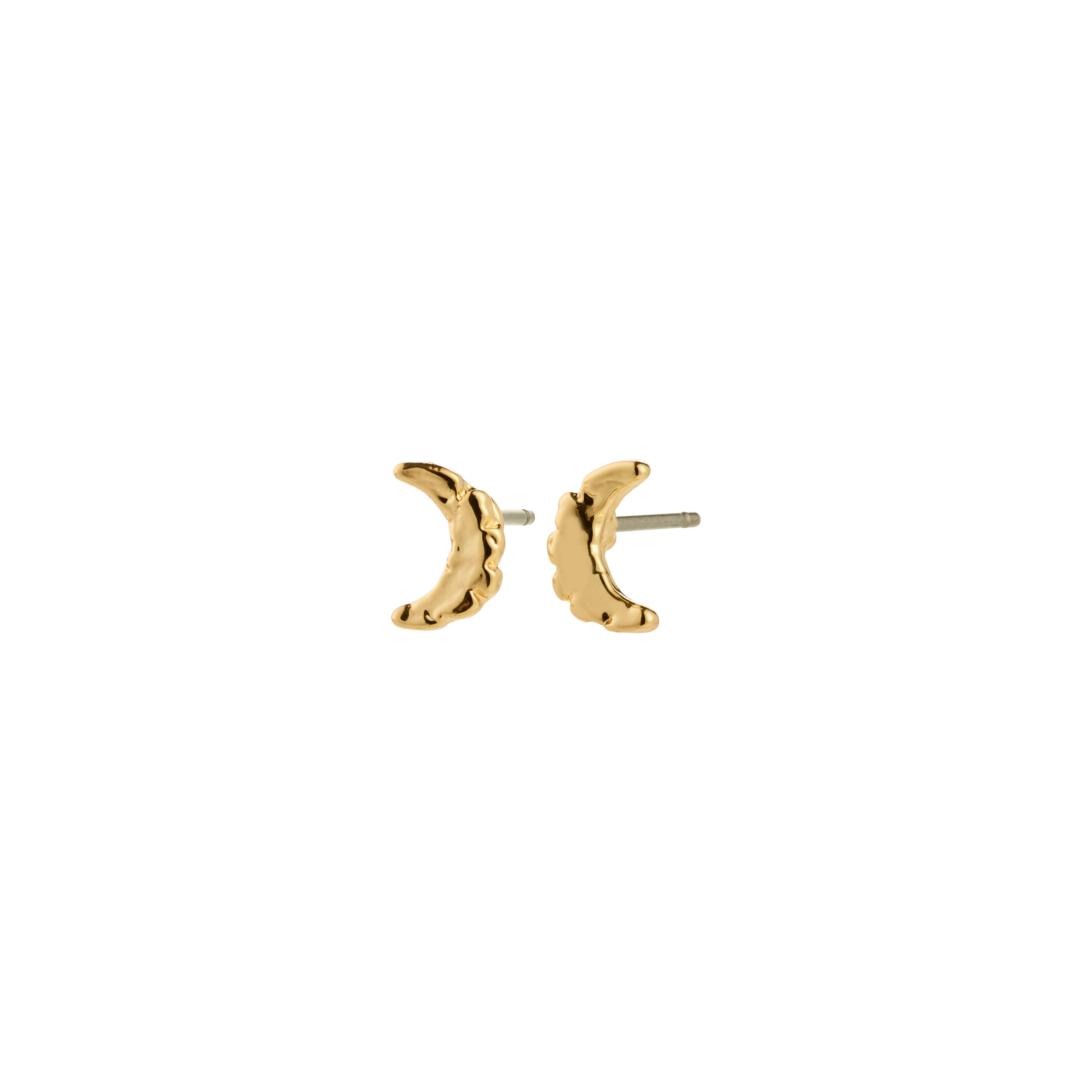 Gold-plated moon earrings from Pilgrim, featuring small, rustic crescents symbolizing new beginnings, perfect for minimalist or stacked looks.